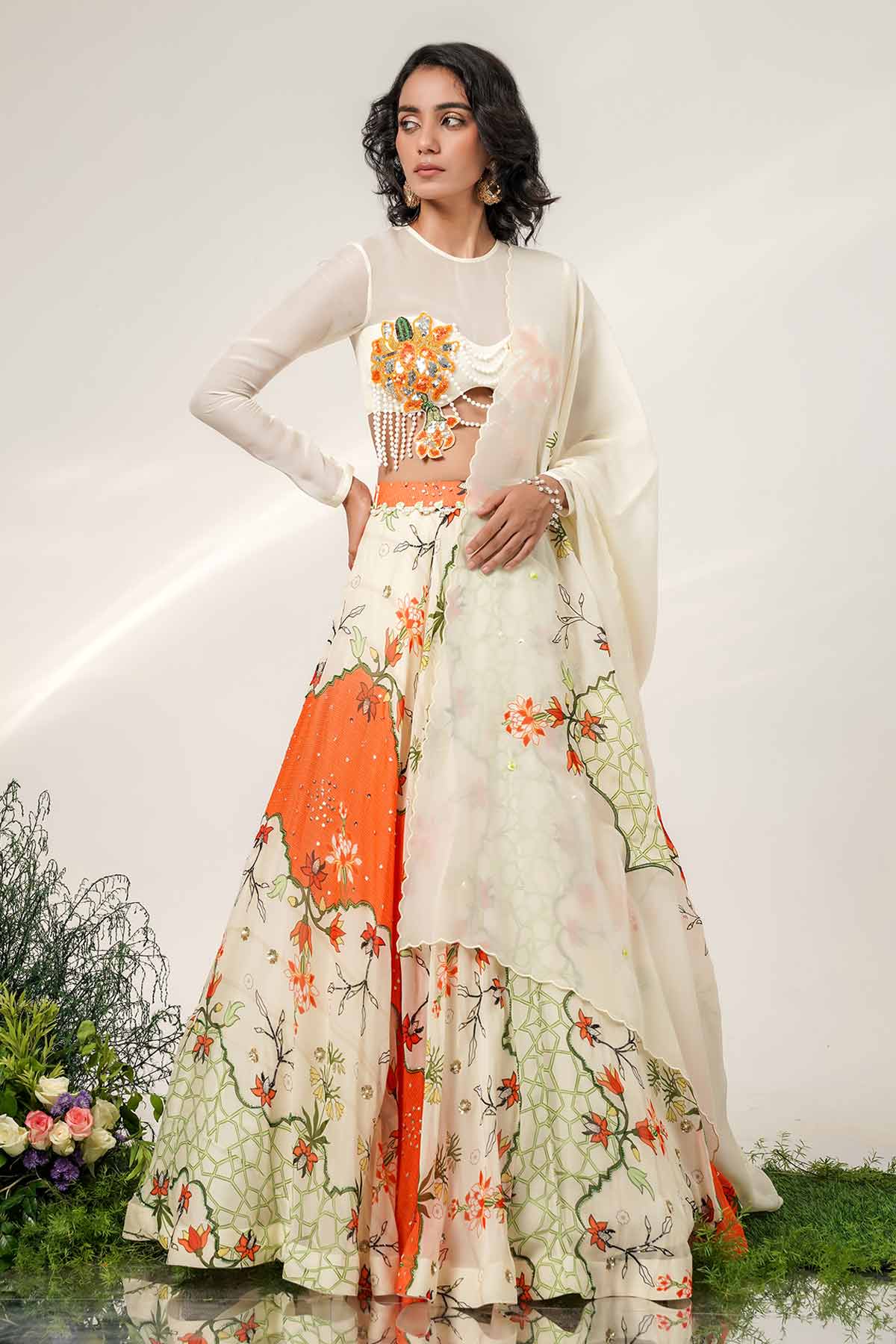 Ivory & Tangerine Lehenga Set