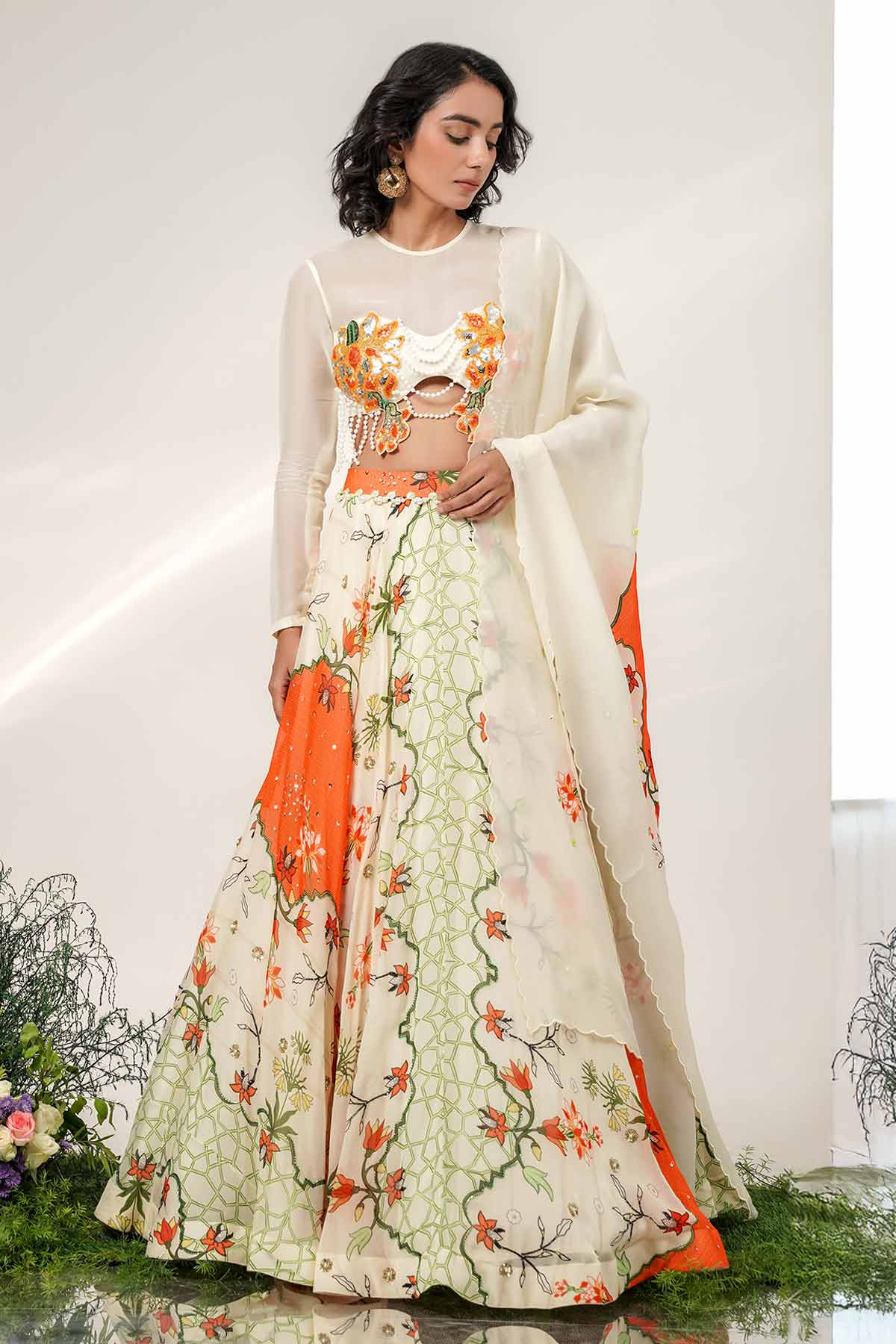 Buy Ivory & Tangerine Lehenga Set for women by Shwetanga online available at scrollnshops