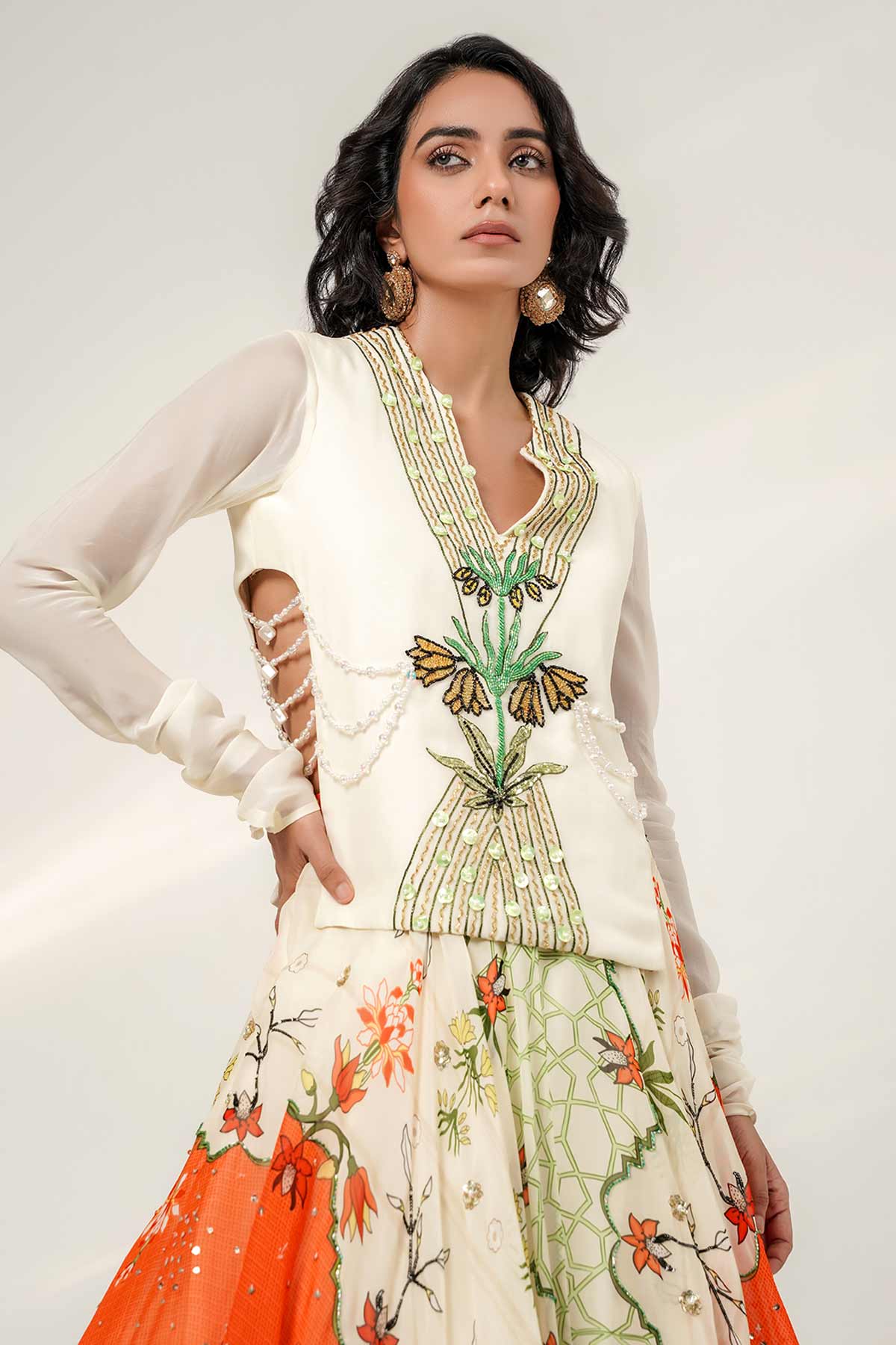 Ivory Tangerine Organza Lehenga
