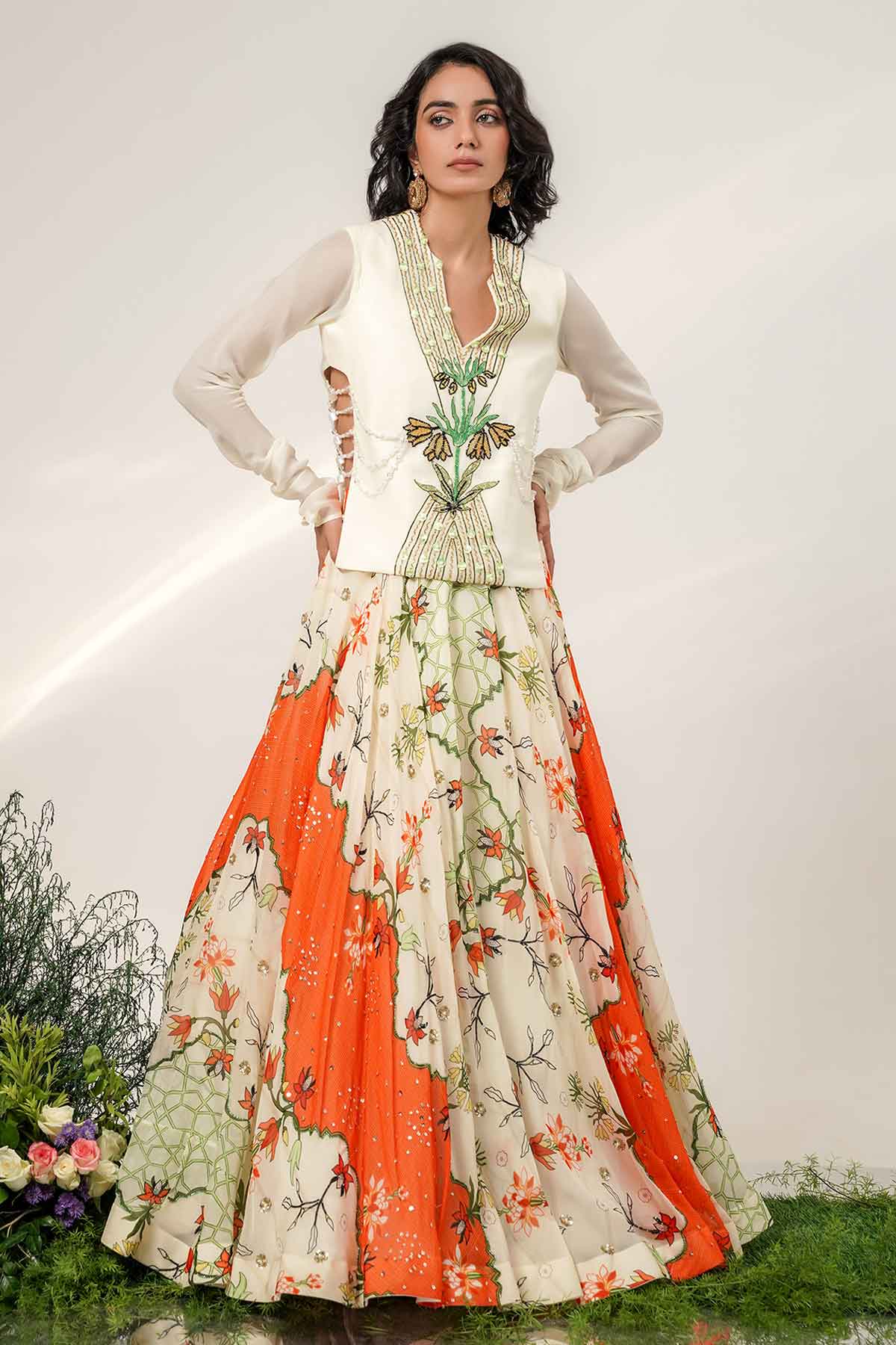 Buy Ivory Tangerine Organza Lehenga for women by Shwetanga online available at scrollnshops