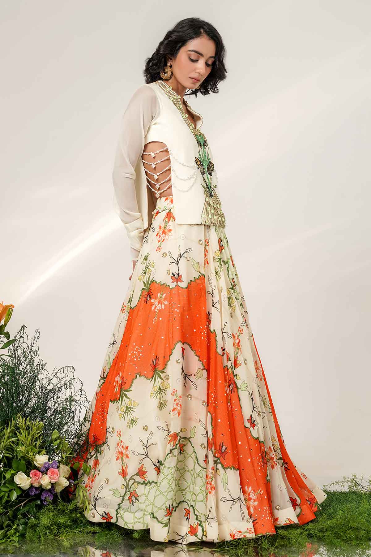 Ivory Tangerine Organza Lehenga