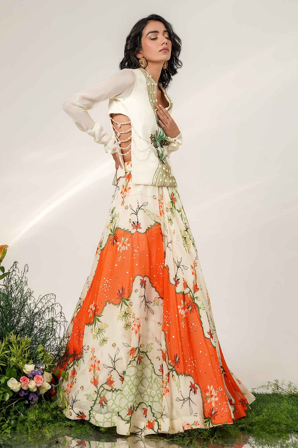 Ivory Tangerine Organza Lehenga