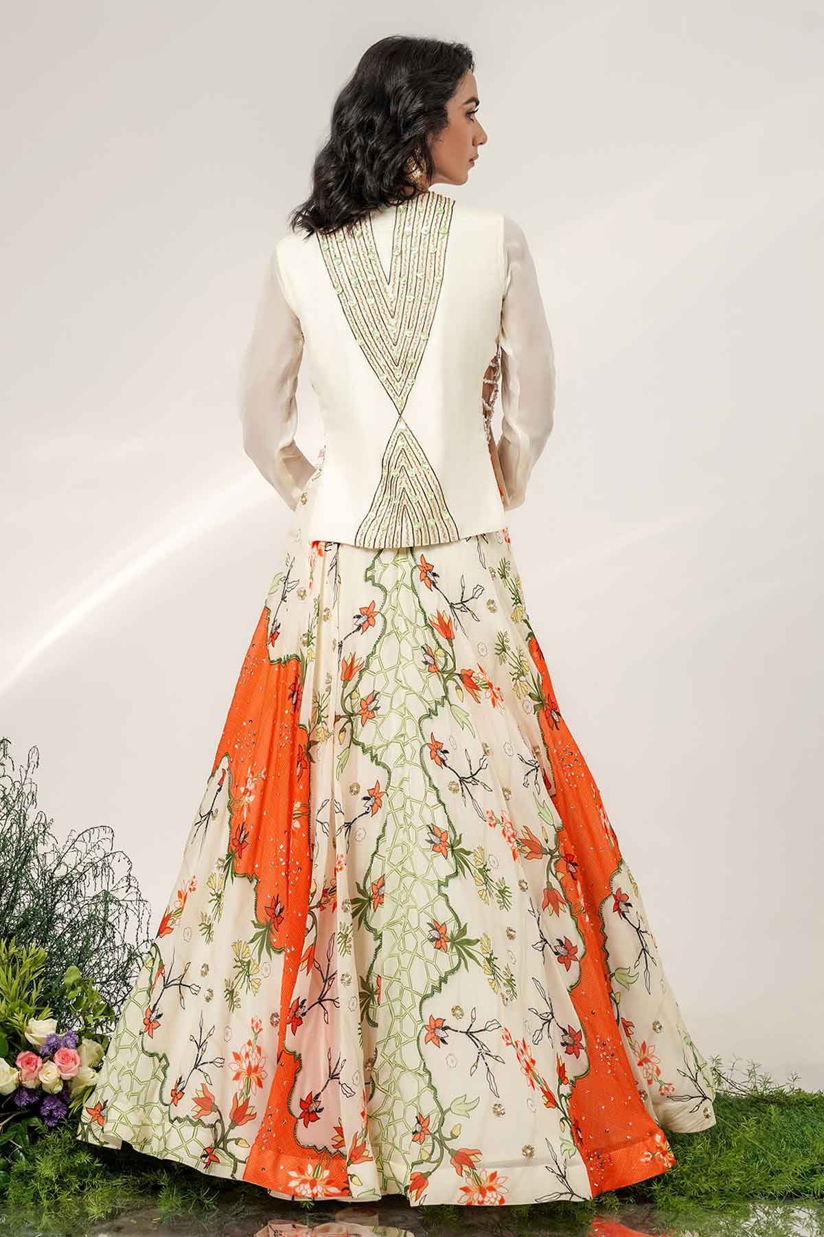 Ivory Tangerine Organza Lehenga