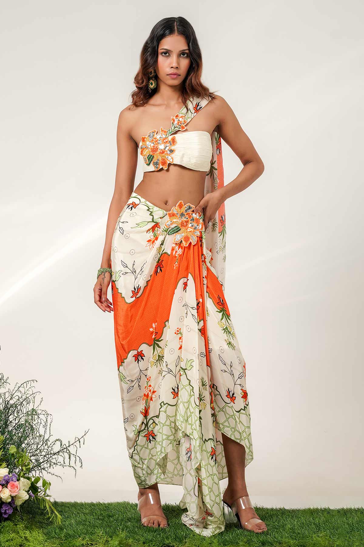 Buy Ivory Tangerine Patch Skirt Set for women by Shwetanga online available at scrollnshops