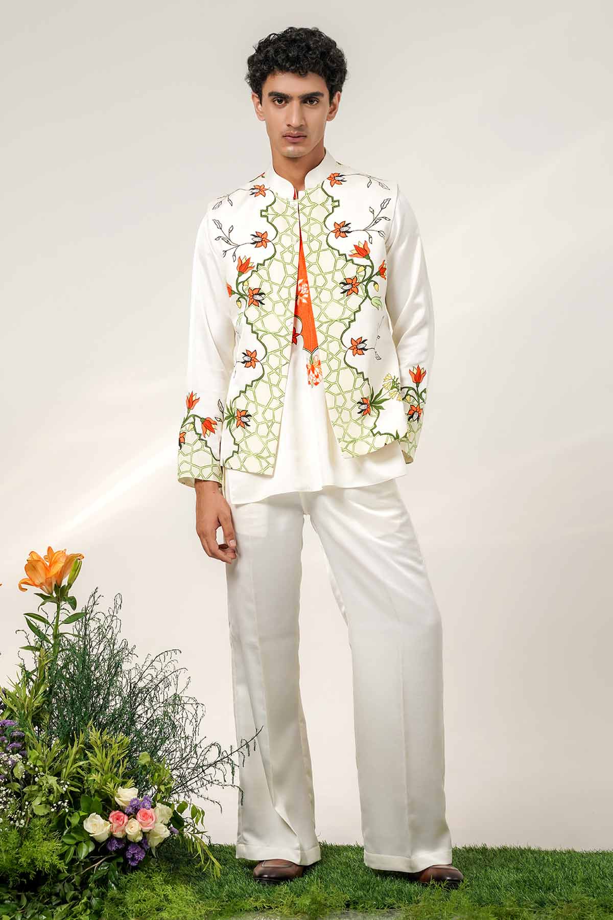 Buy Ivory Tangerine Silk Kurta Set for men by Shwetanga online available at scrollnshops