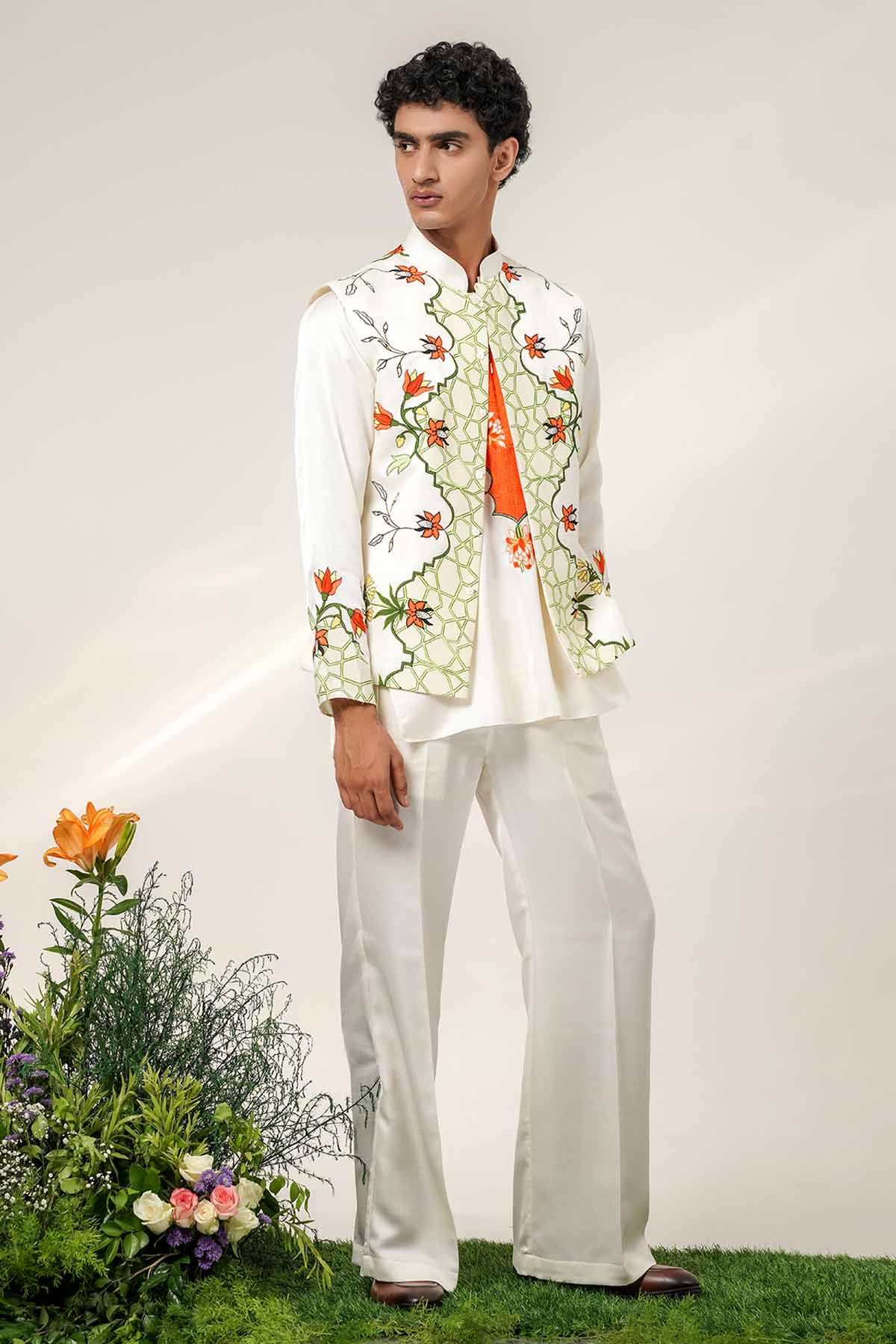 Ivory Tangerine Silk Kurta Set