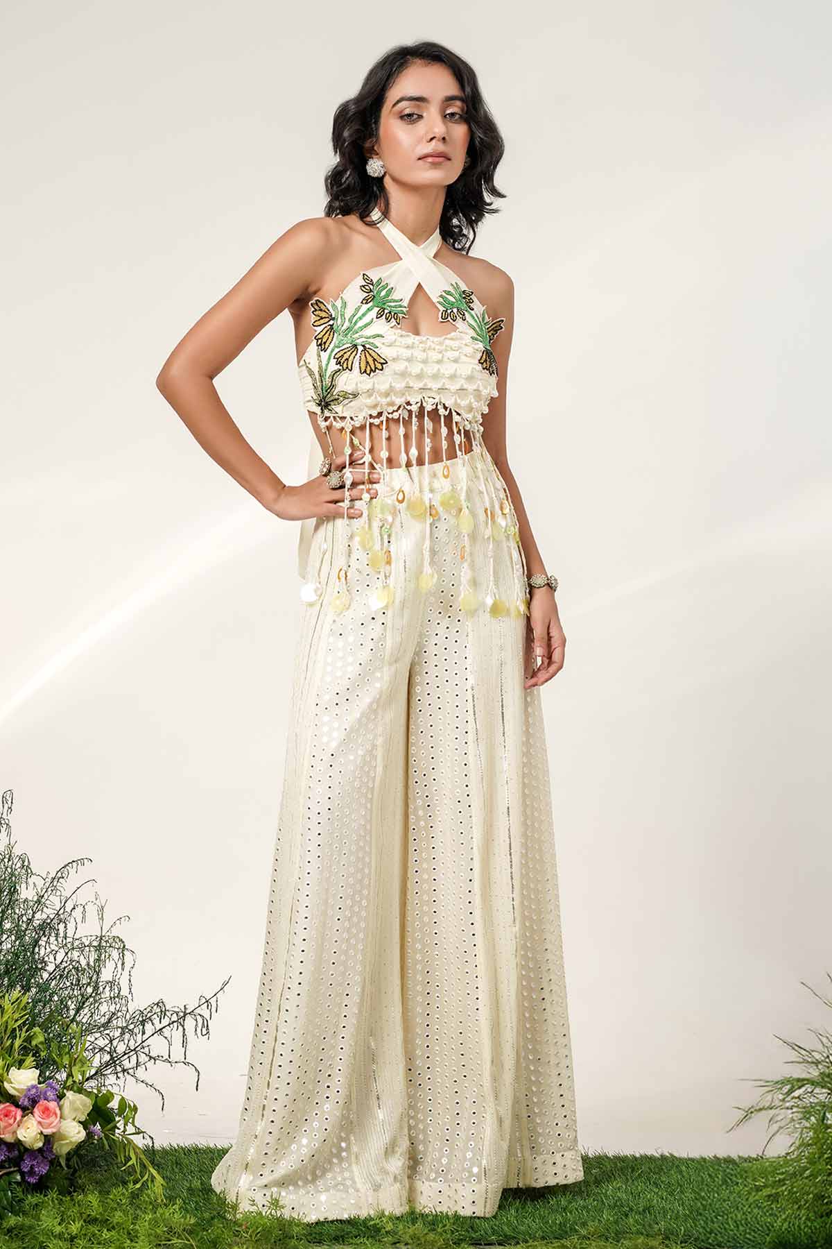 Buy Ivory Tassel Panel Top & Pants for women by Shwetanga online available at scrollnshops