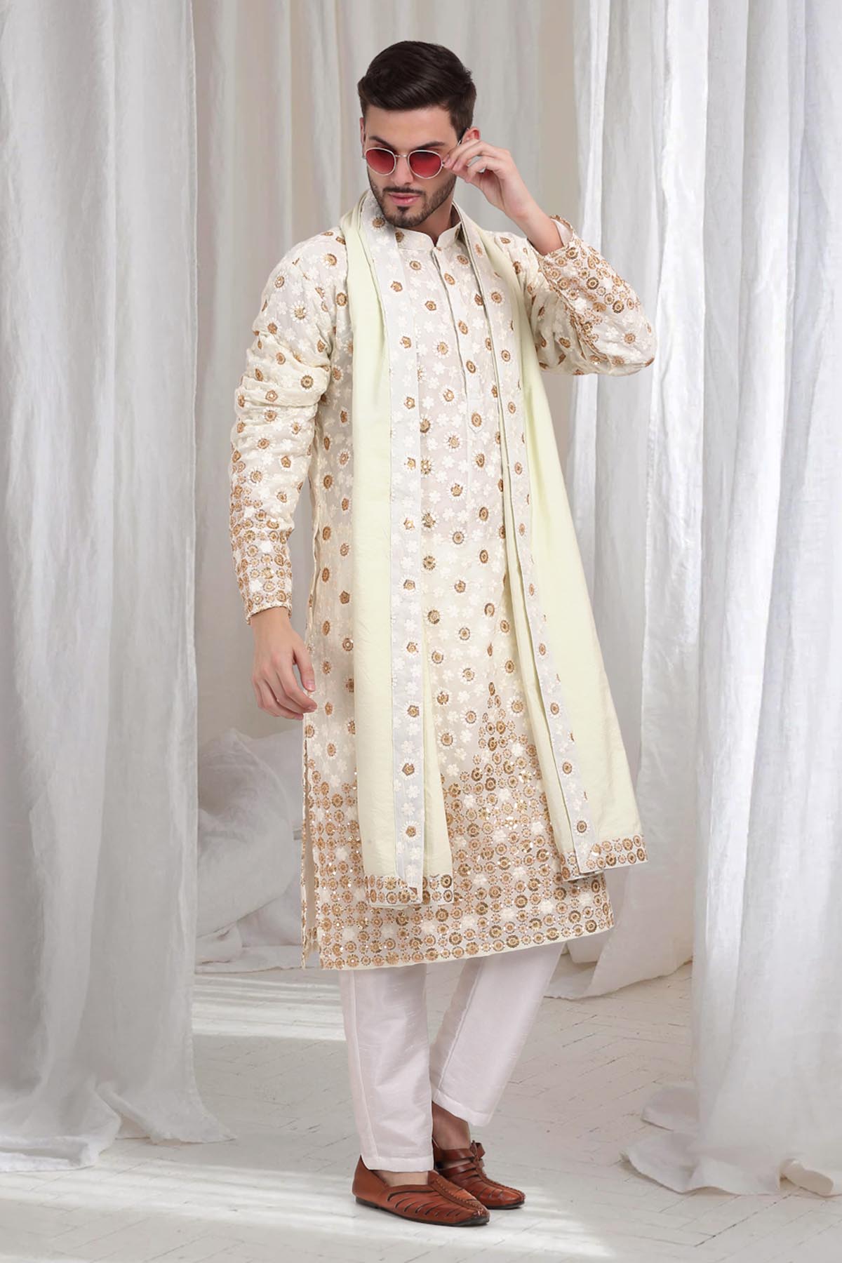 Buy Ivory Thread Collar Kurta Set by Aham Vayam for men online at ScrollnShops