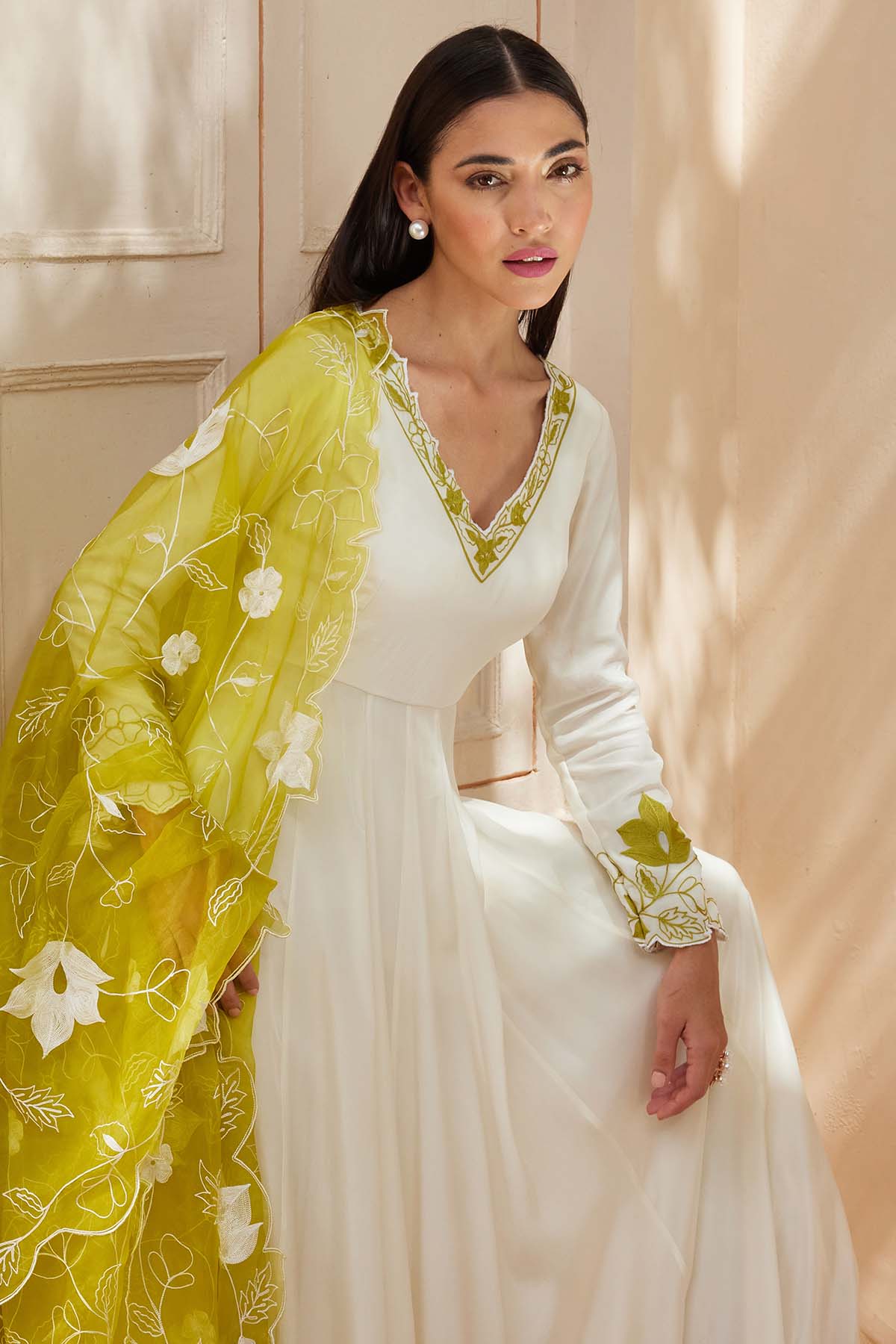 Ivory Thread V-Neck Anarkali Set