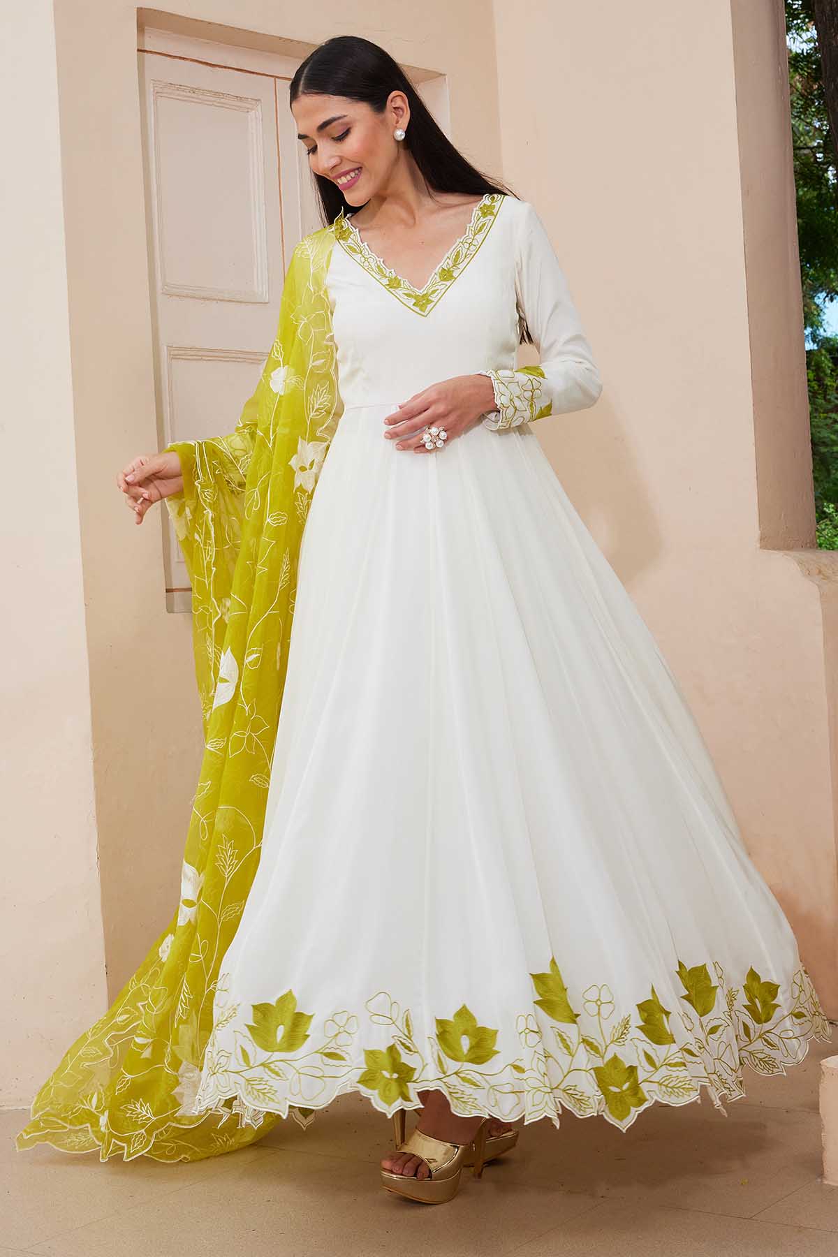Ivory Thread V-Neck Anarkali Set