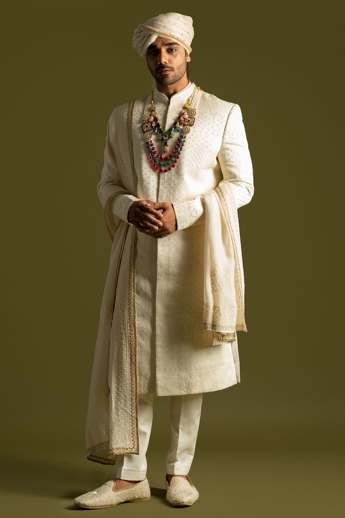 Buy Ivory Tonal Thread Sherwani Set for men by Paarsh Atelier online available at scrollnshops