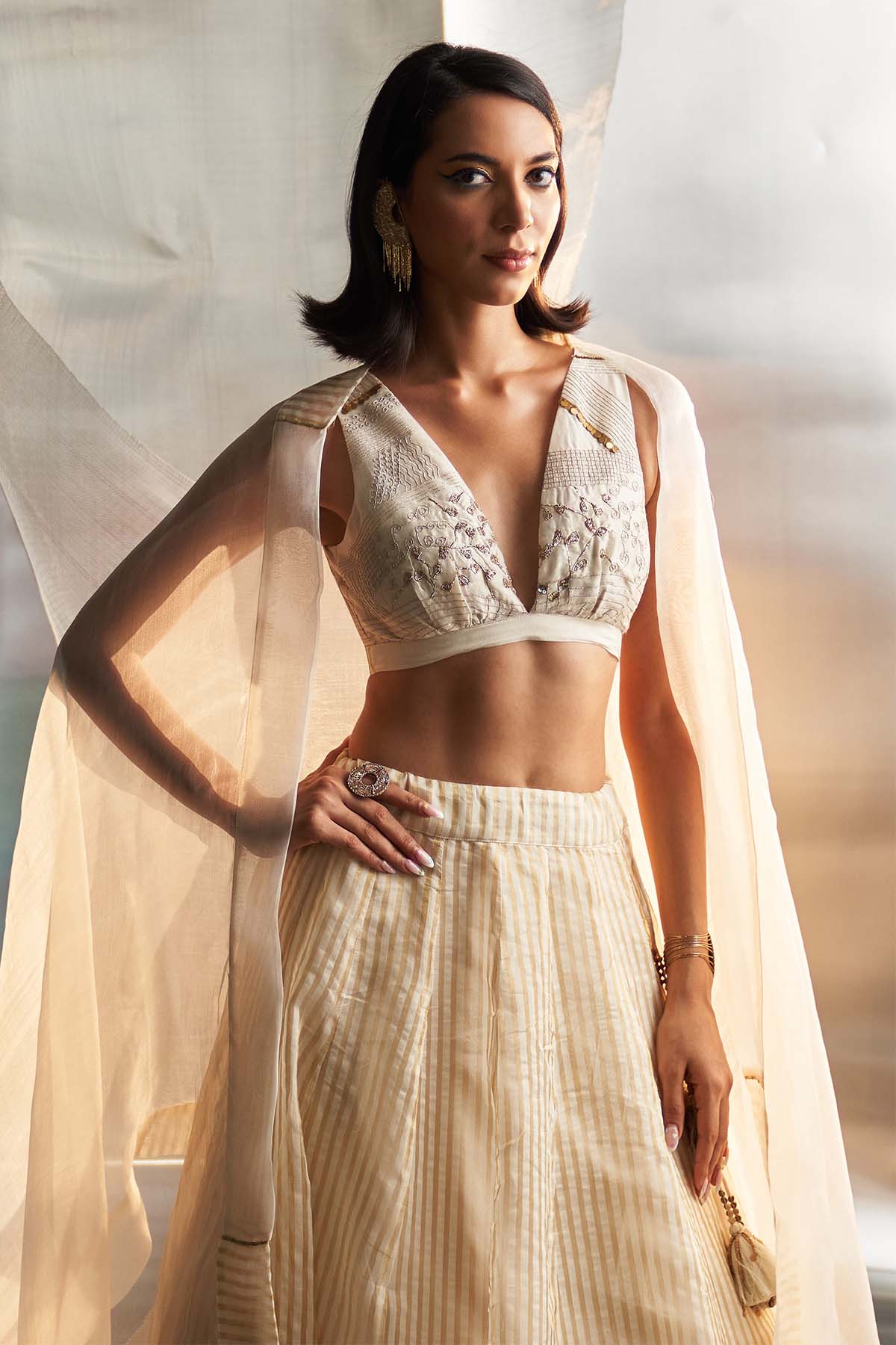 Ivory V-Neck Flare Lehenga Set