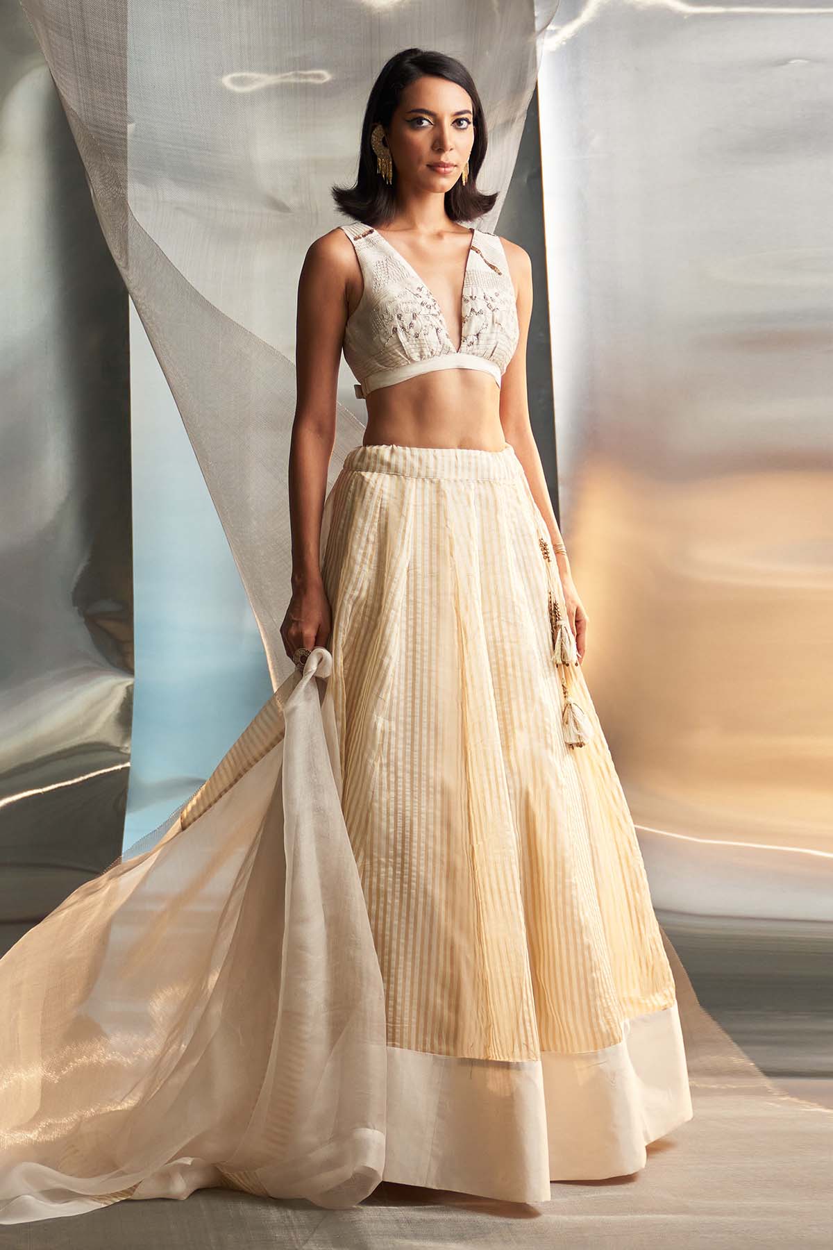 Buy Ivory V-Neck Flare Lehenga Set Online