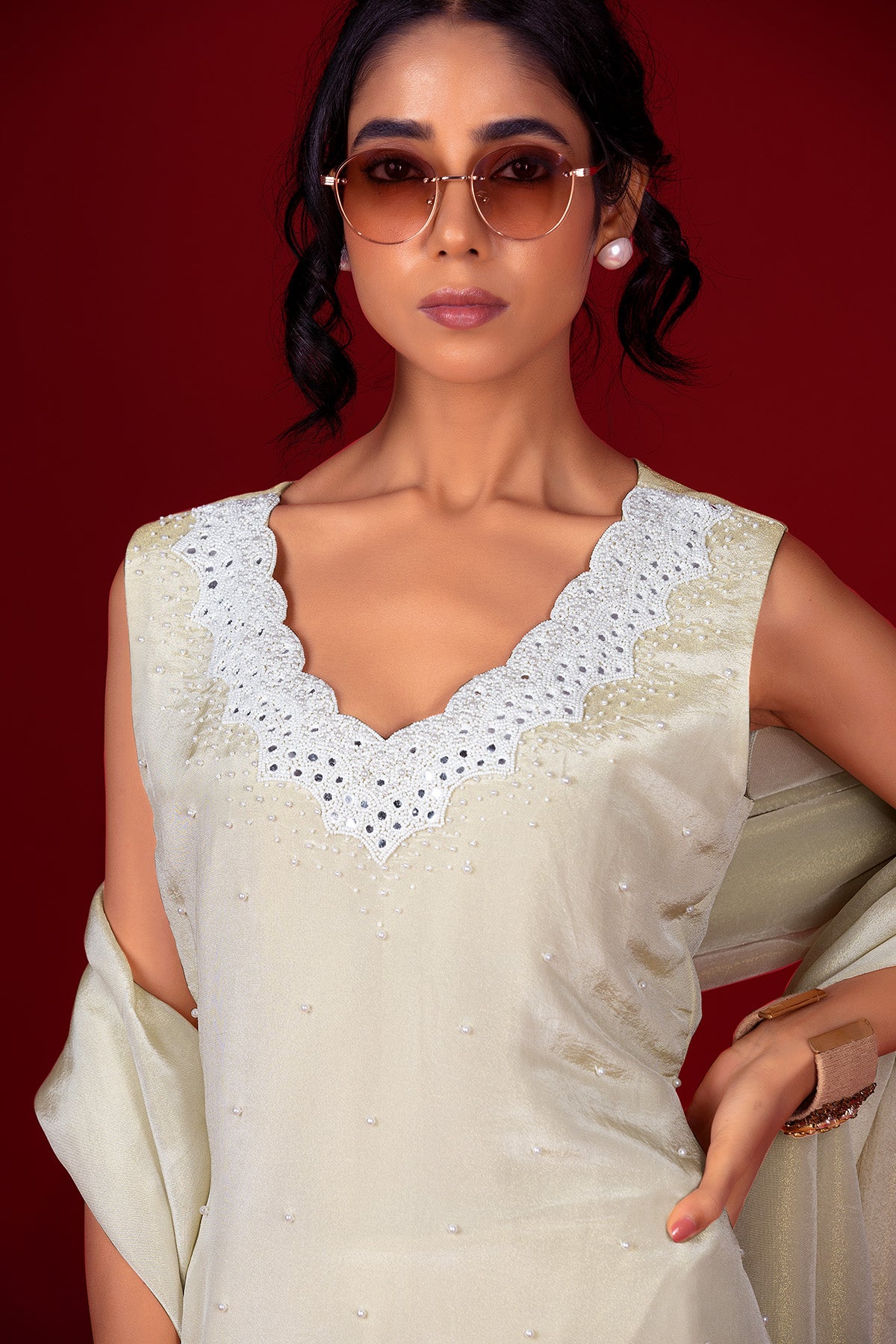 Ivory V Neck Pearl Kurta Set