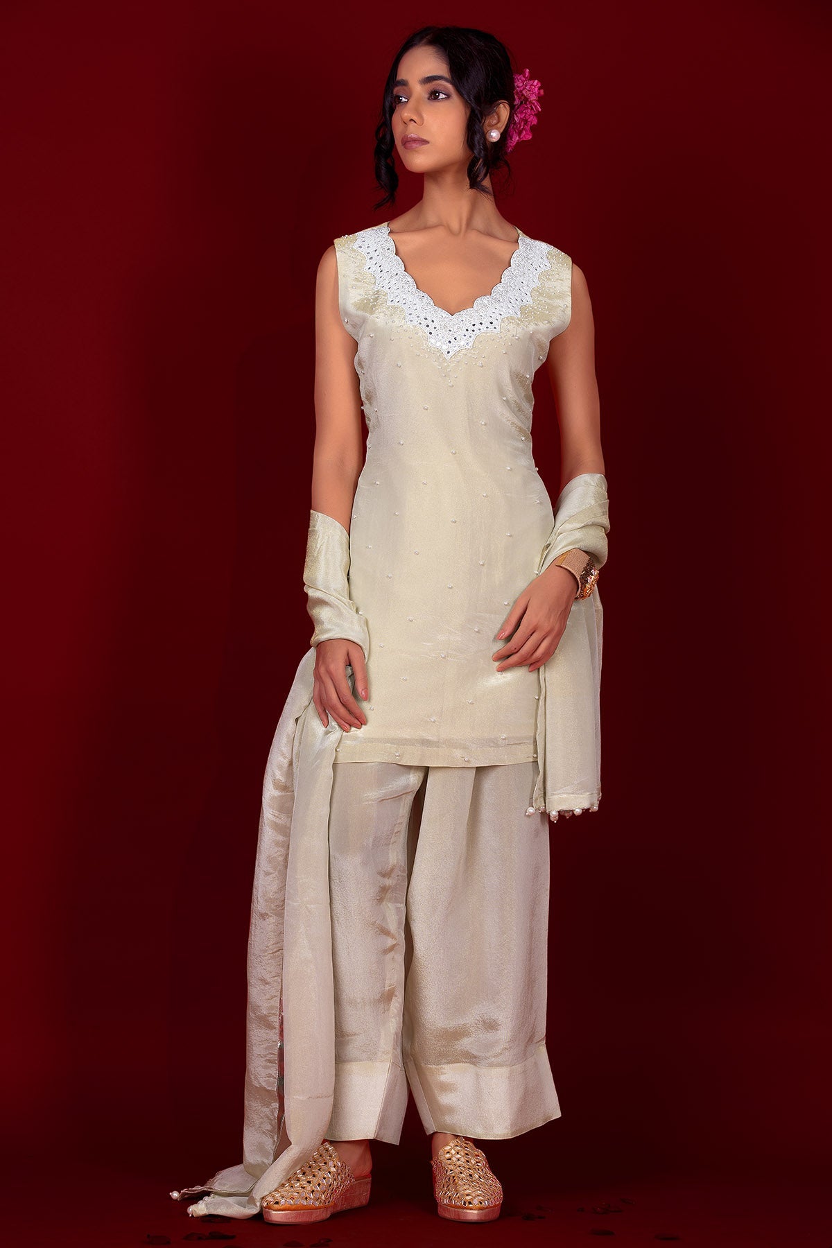 Buy Label Niyami Ivory V Neck Pearl Kurta Set for women online available at ScrollnShops