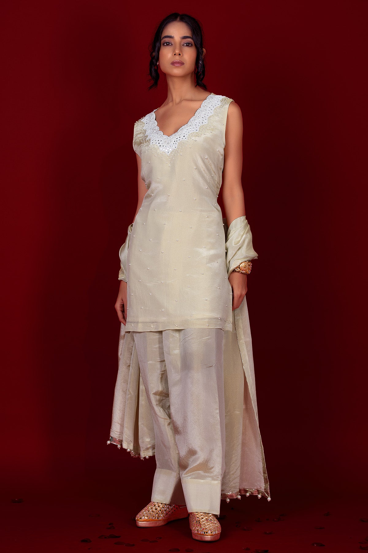 Ivory V Neck Pearl Kurta Set