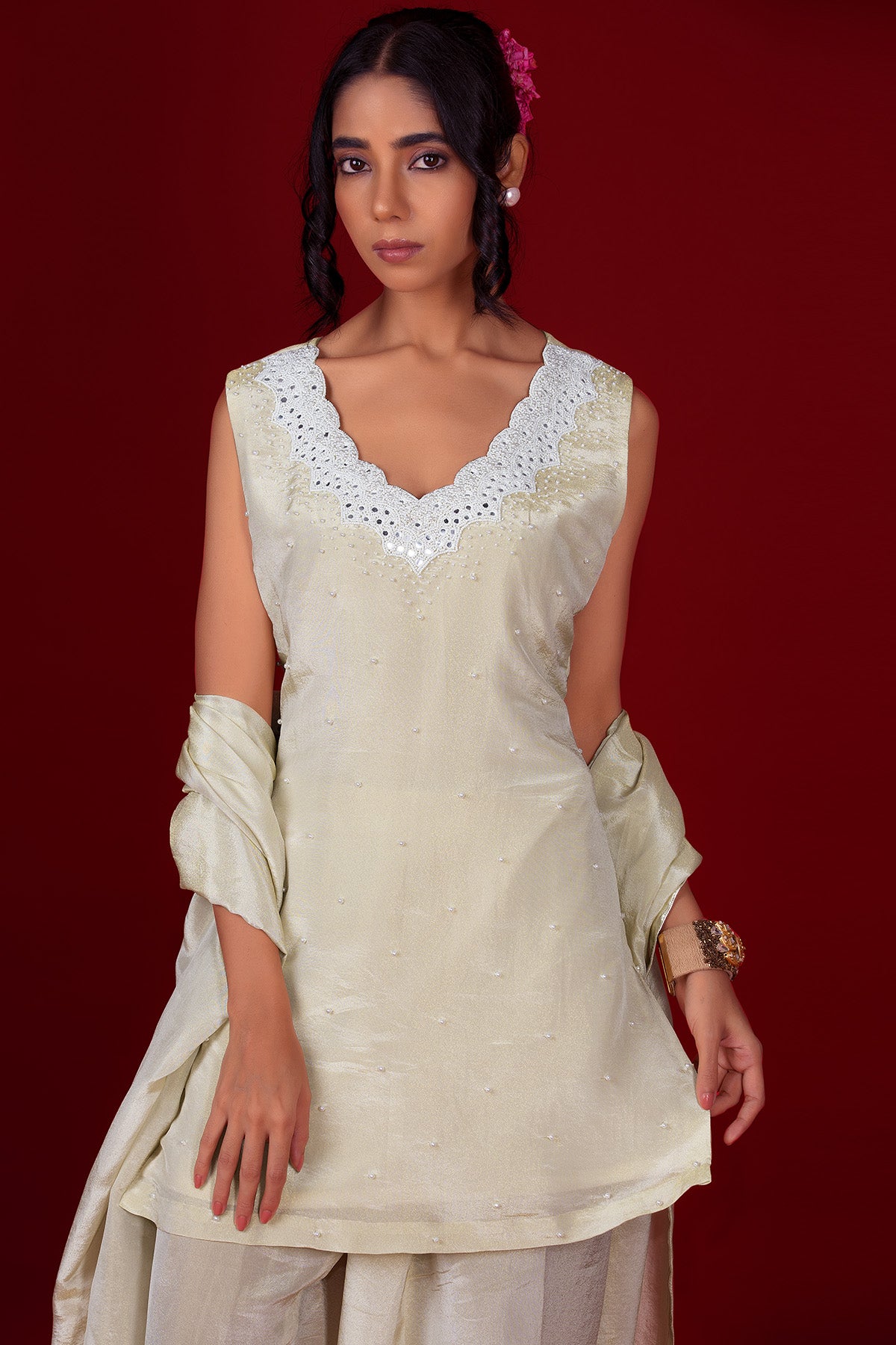 Ivory V Neck Pearl Kurta Set