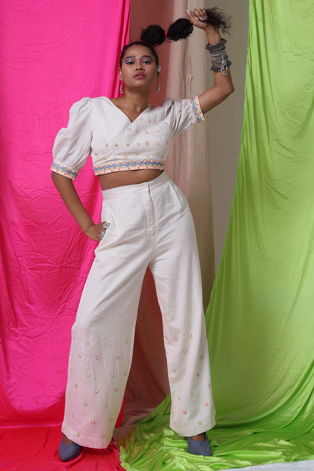 The House Of Shes Ivory Viscose V-Neck Co-ord Set for women online at ScrollnShops