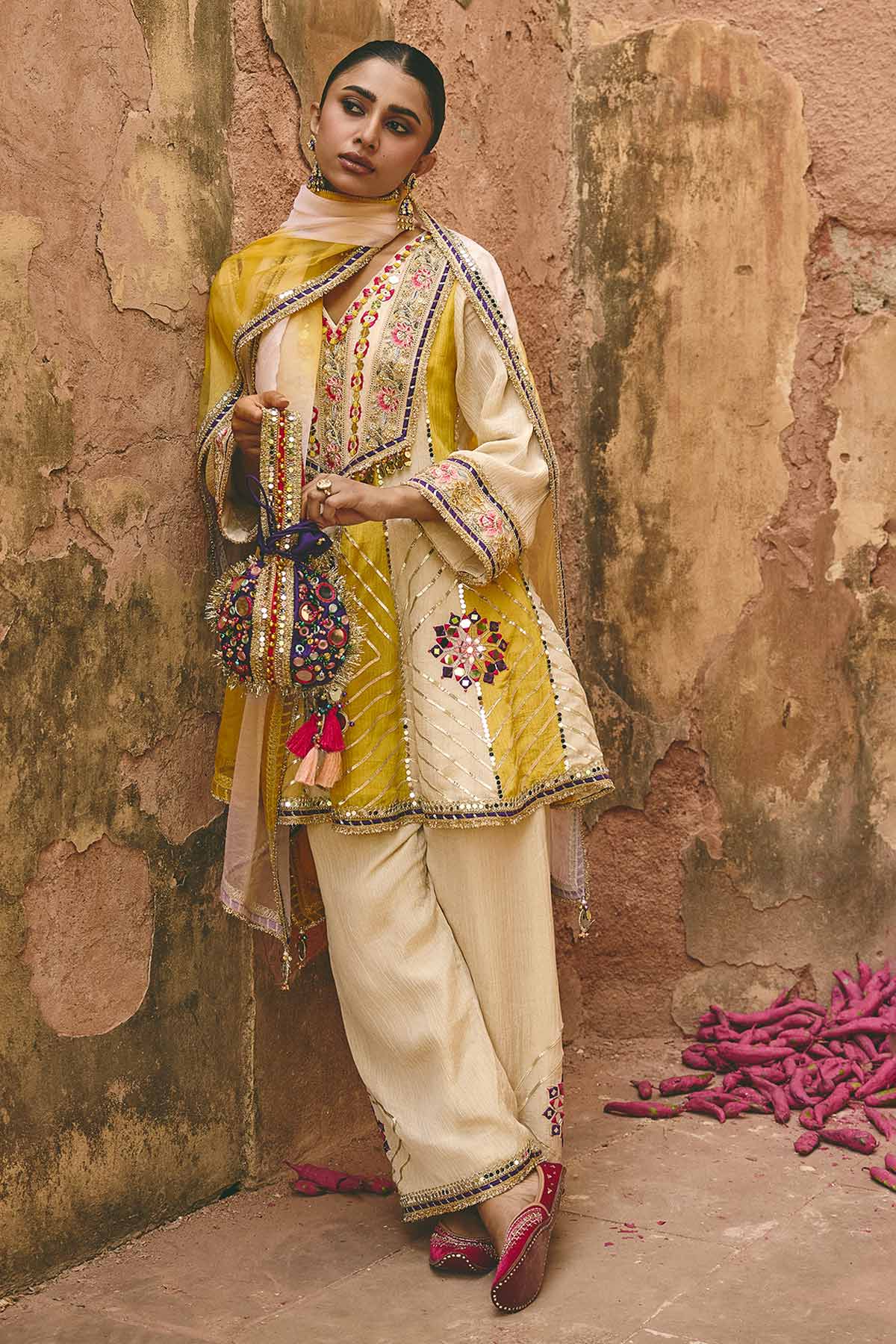 Ivory & Yellow Mirror Kurta Set