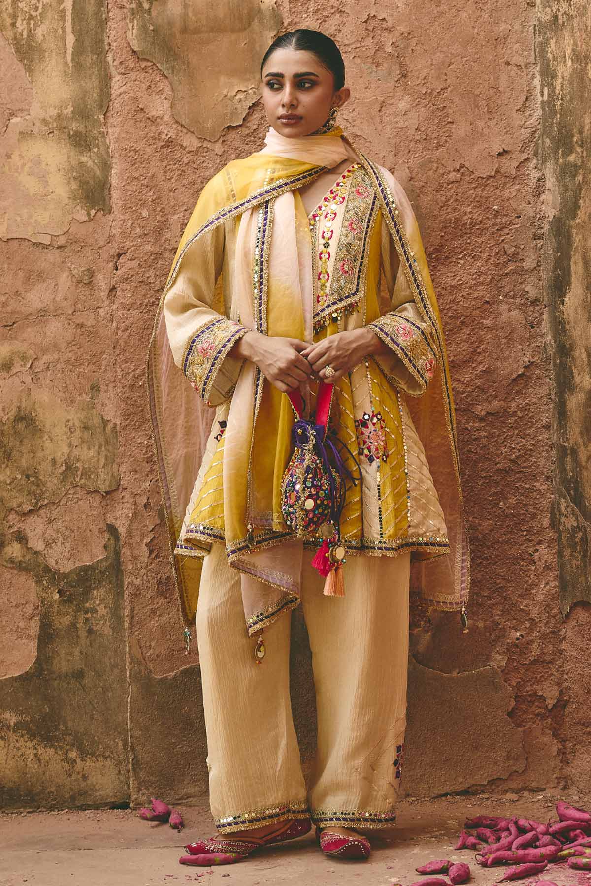 Buy Ivory & Yellow Mirror Kurta Set for women by Ajiesh Oberoi online available at scrollnshops