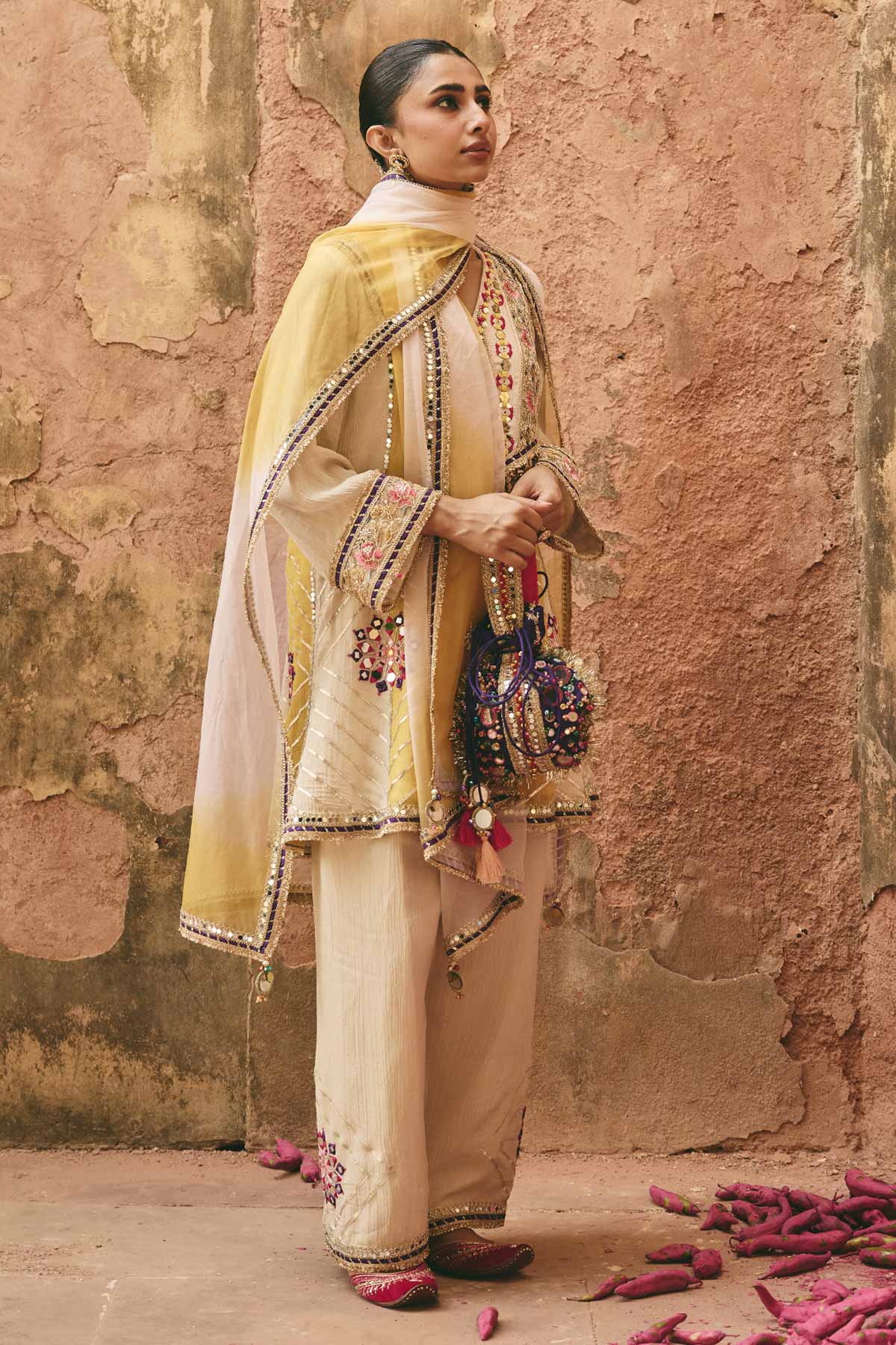 Ivory & Yellow Mirror Kurta Set