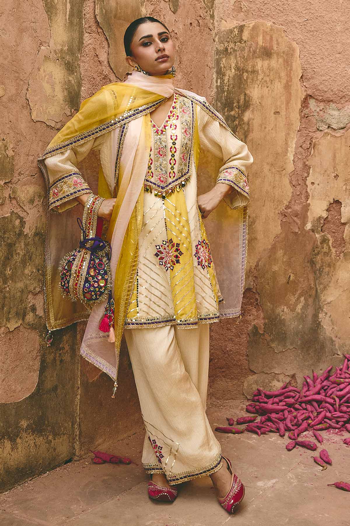 Ivory & Yellow Mirror Kurta Set