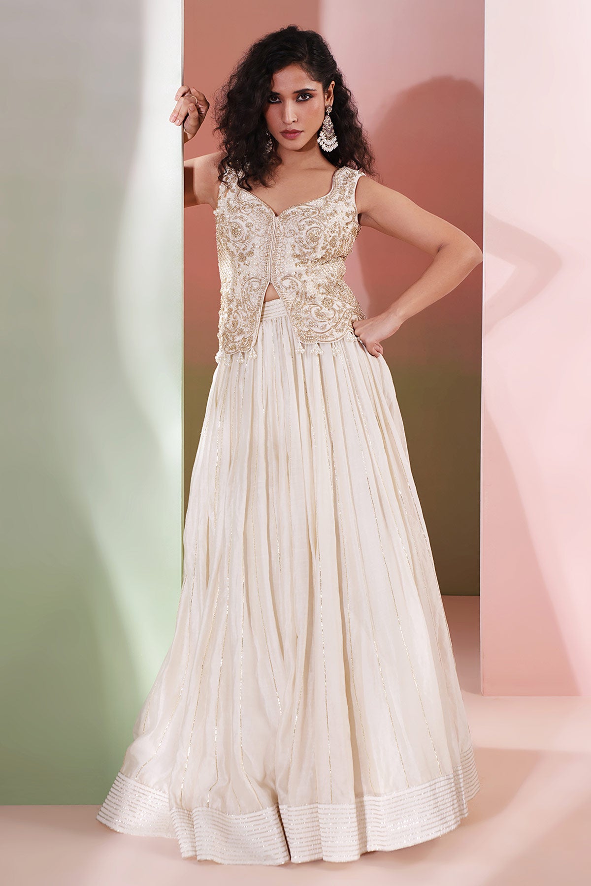 Ivory Zardozi Beads Lehenga Set