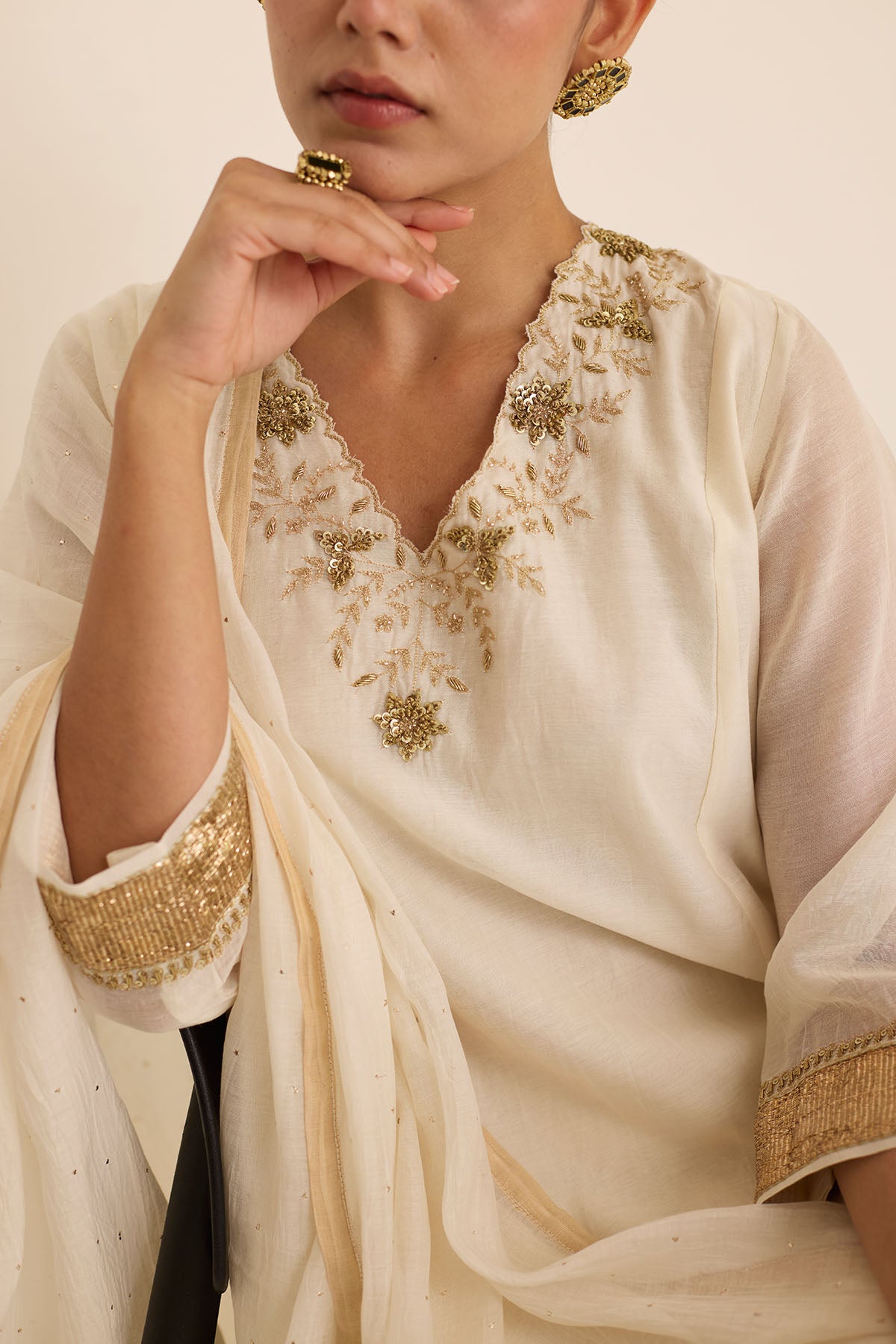 Ivory Zari Chanderi Kurta Set
