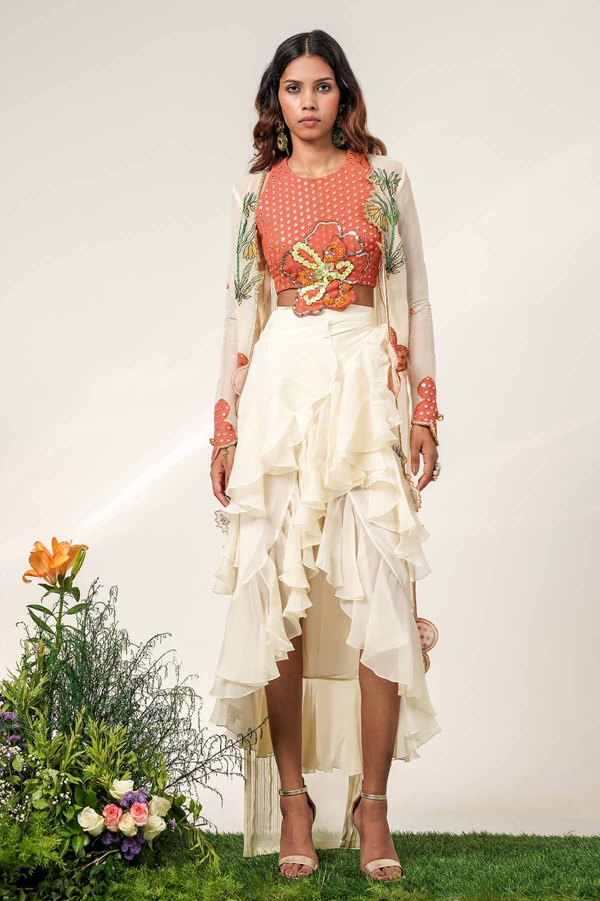 Buy Ivory Zari & Ruffle Skirt Set for women by Shwetanga online available at scrollnshops