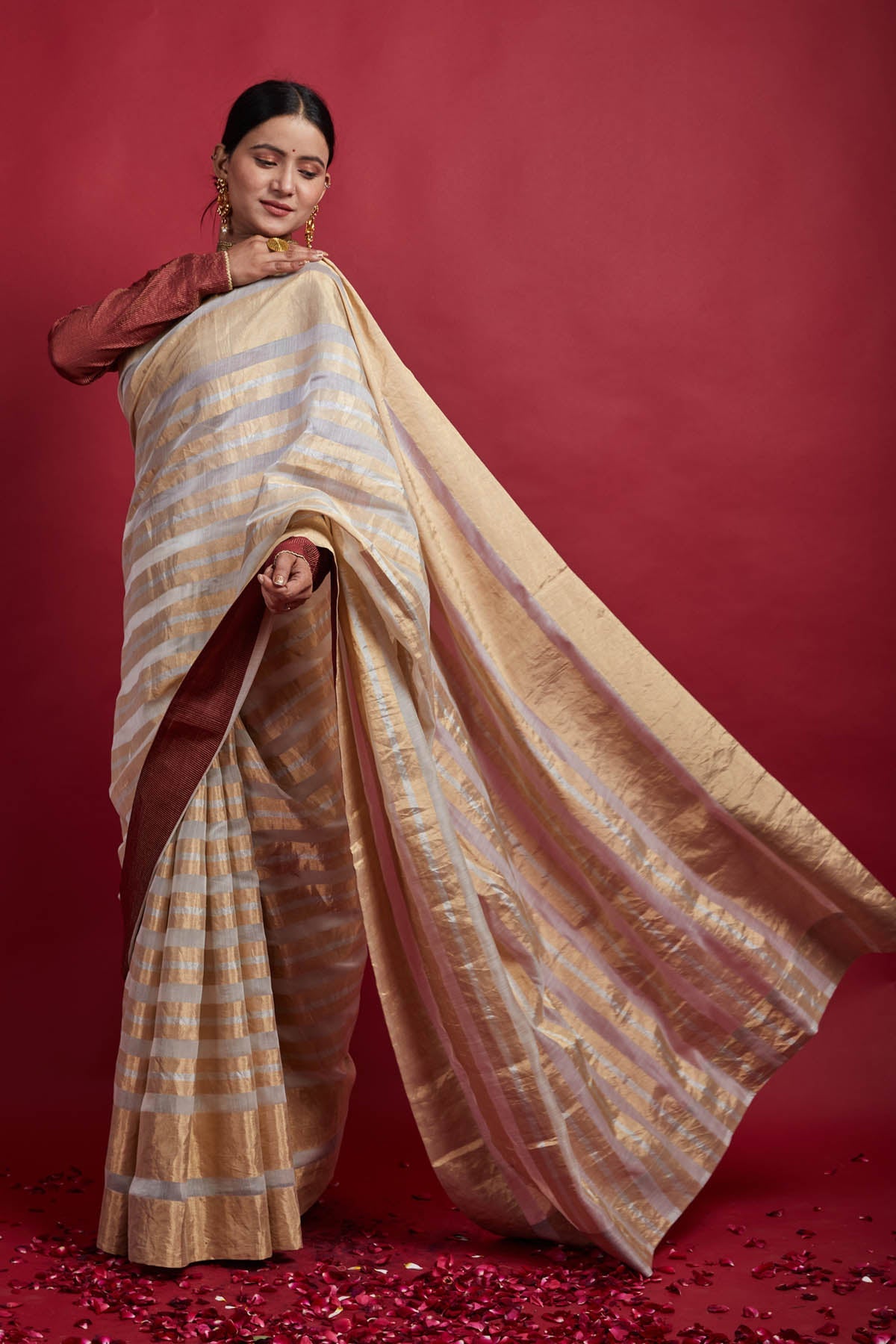Ivory Zari Stripes Chanderi Saree Set