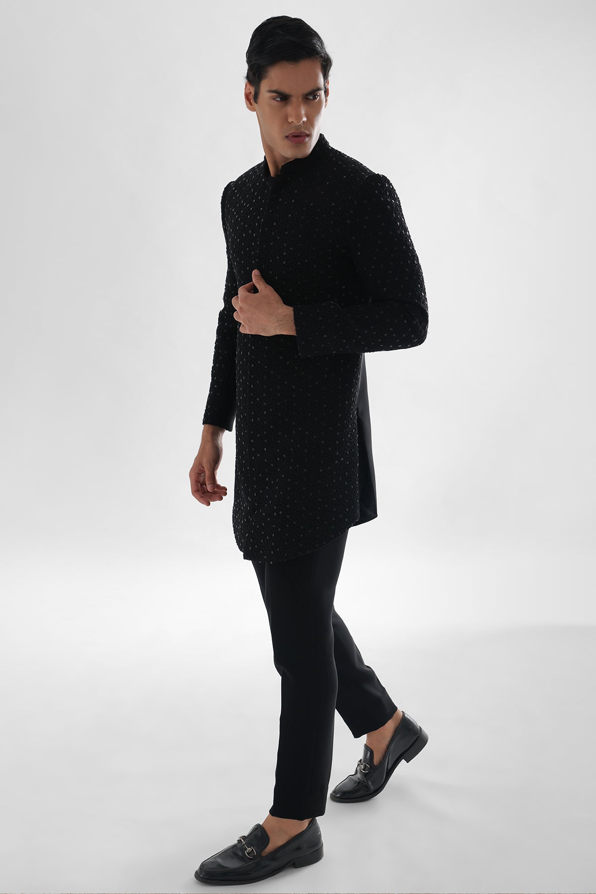 Jet Black Cutdana Achkan Set