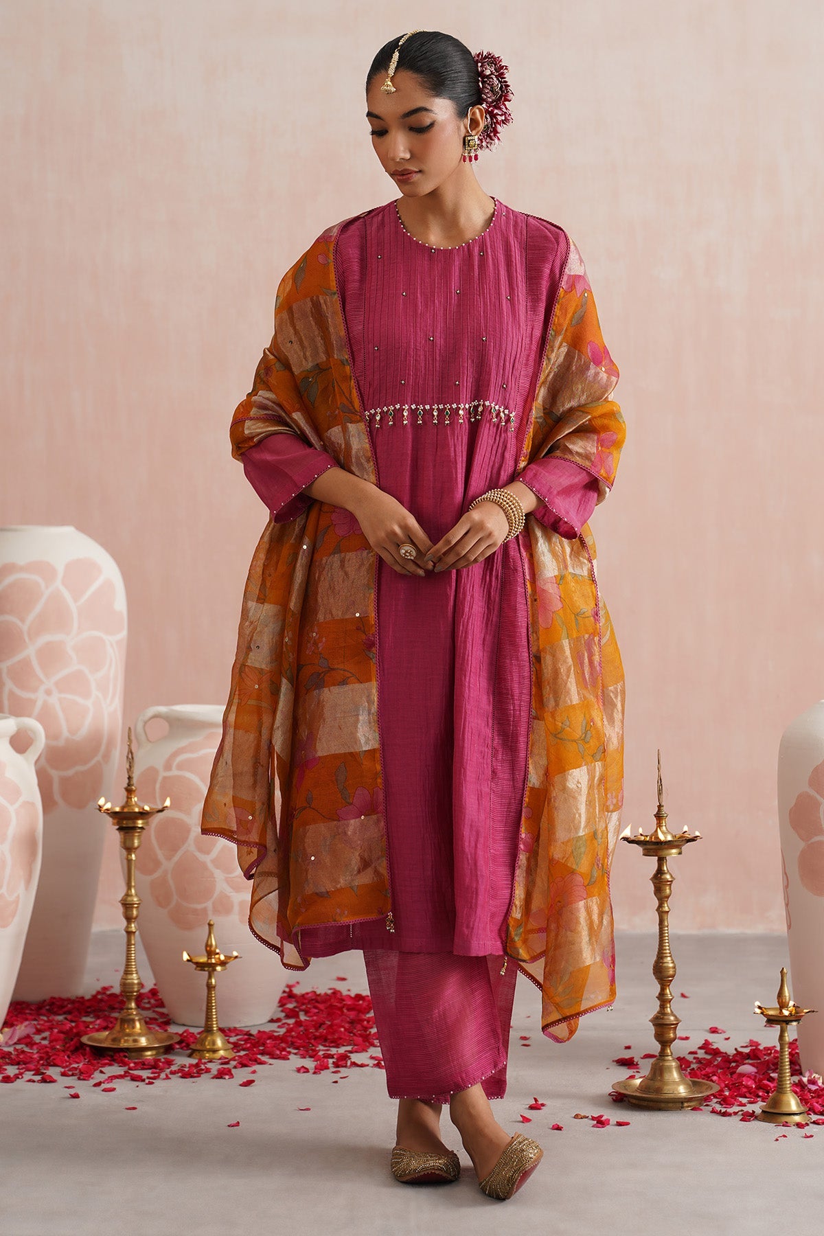 Buy Jewel Embroidered Pink Kurta Set for women online available at Scrollnshops 