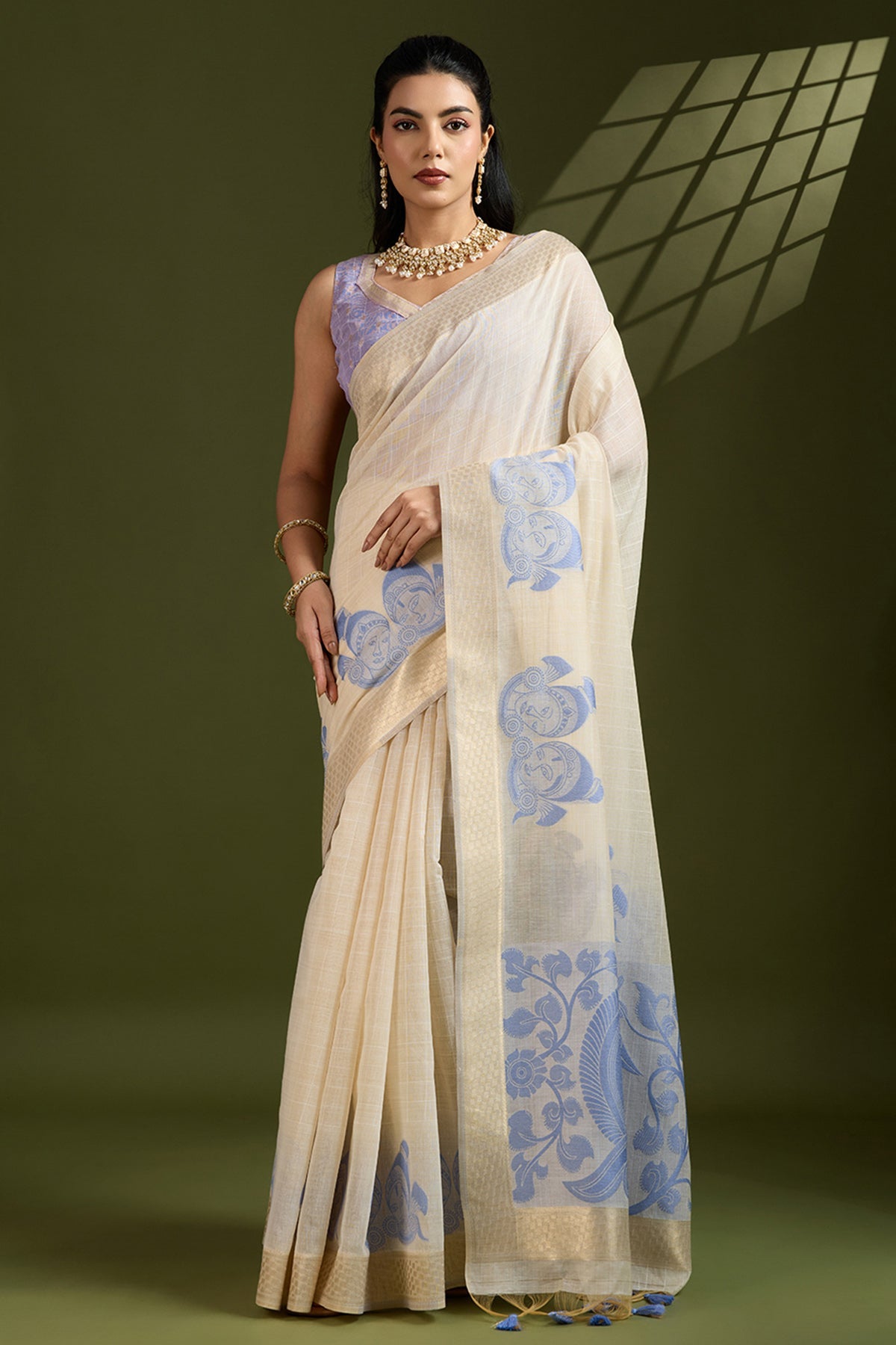 Buy Kalamkari Cream Saree & Blouse for Women Online available at ScrollnShops
