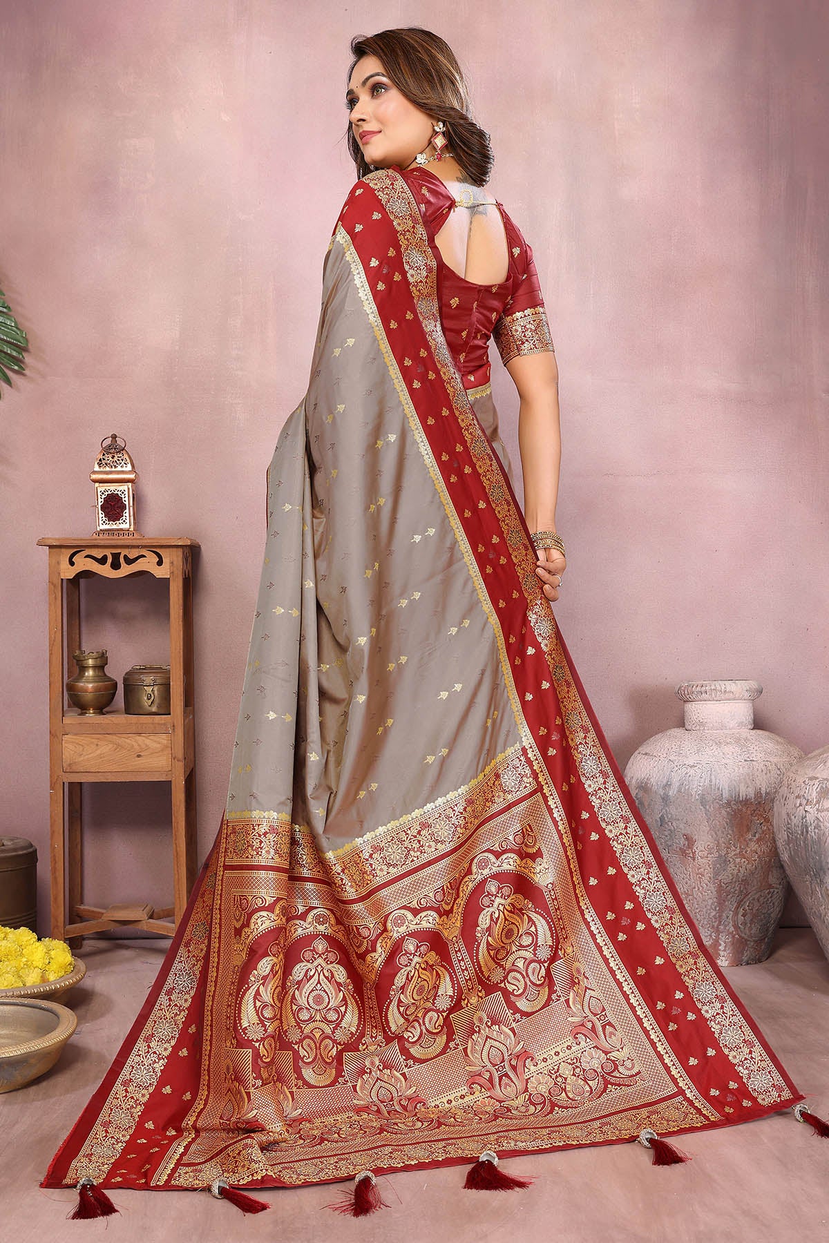 Kalamkari Silk Zari Grey Saree