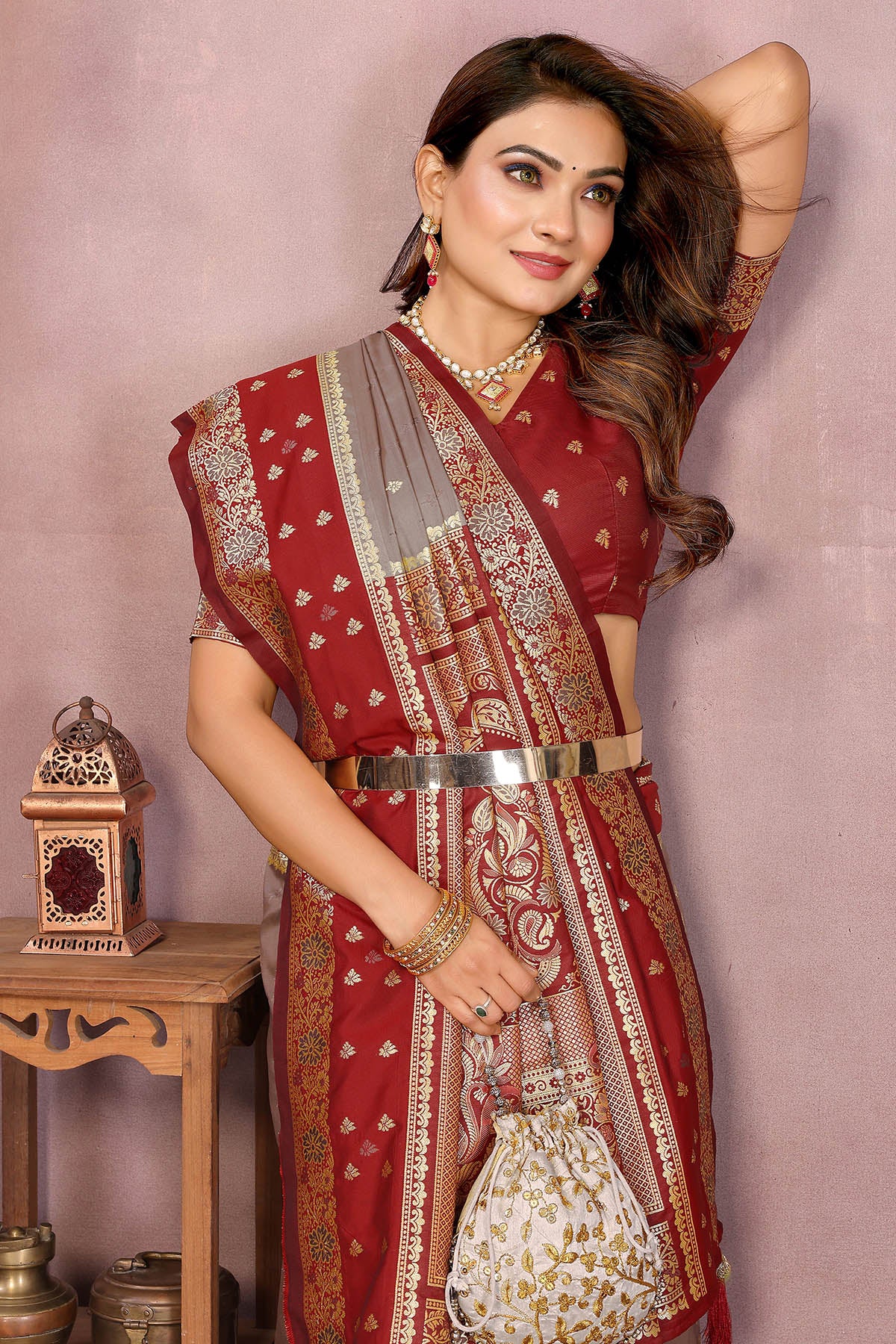 Kalamkari Silk Zari Grey Saree