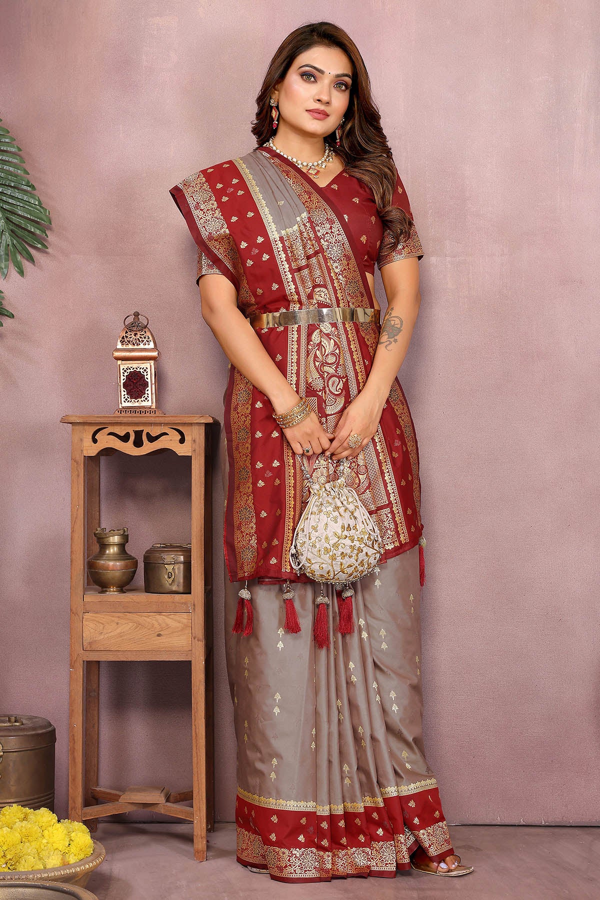 Kalamkari Silk Zari Grey Saree