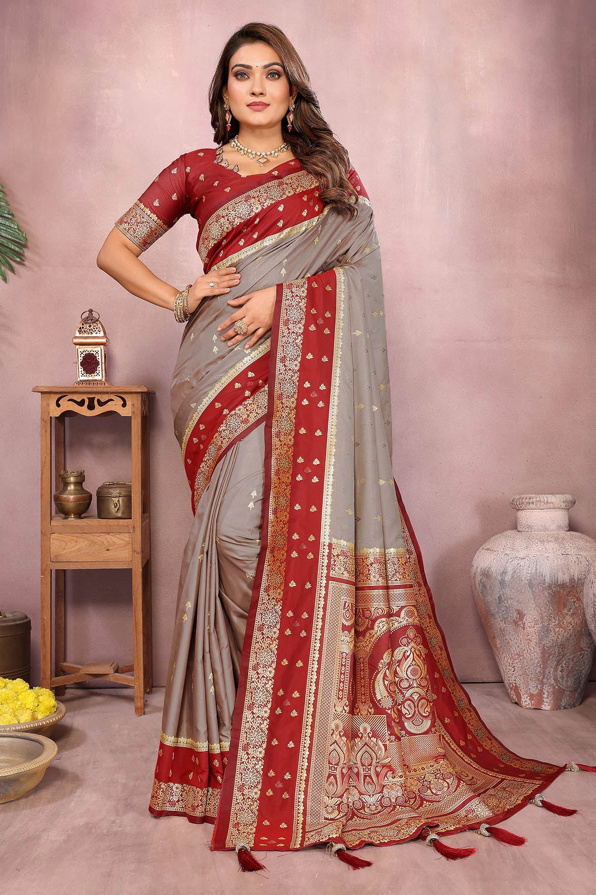 Buy Kalamkari Silk Zari Grey Saree for women by Aastha Fashion online available at scrollnshops