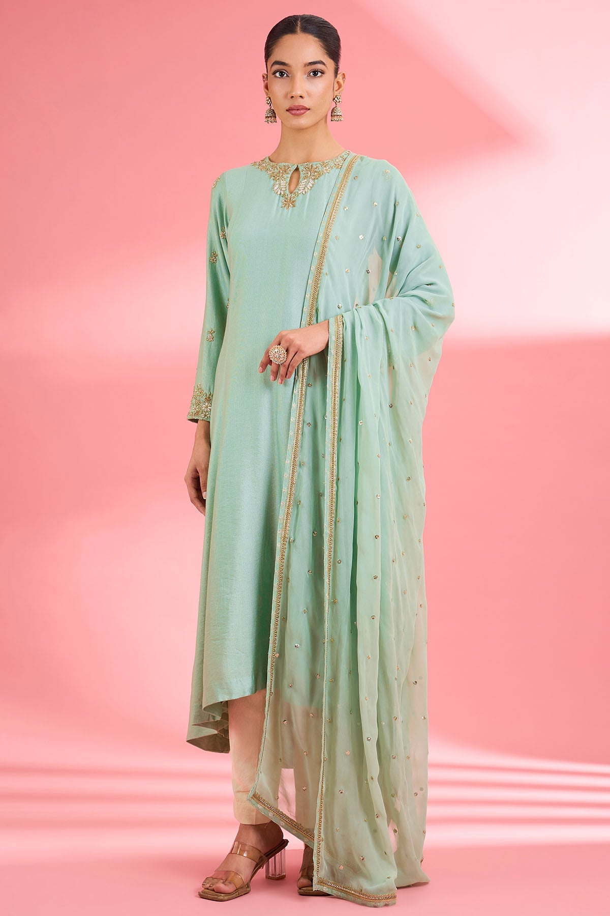 Buy Katan Silk Sea Green Kurta Set for women by Milu Madan online available at scrollnshops