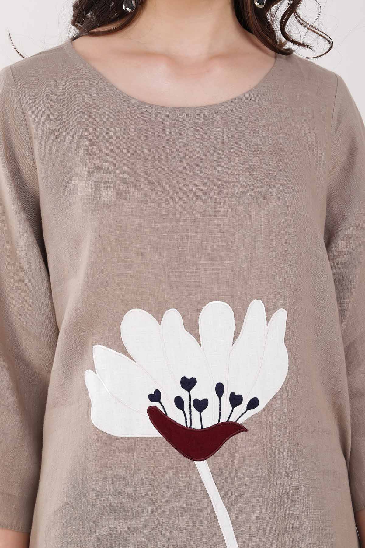 Khakhi Floral Embroidered Dress