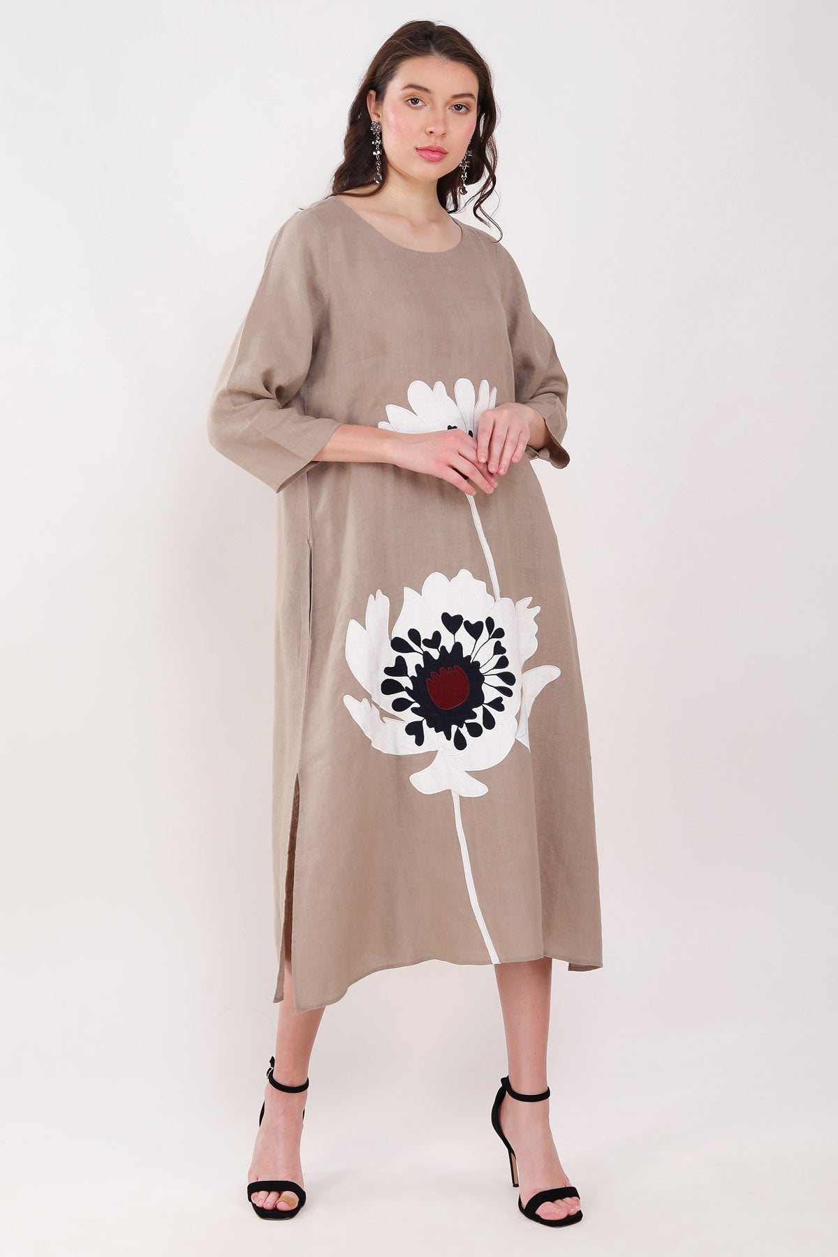 Khakhi Floral Embroidered Dress