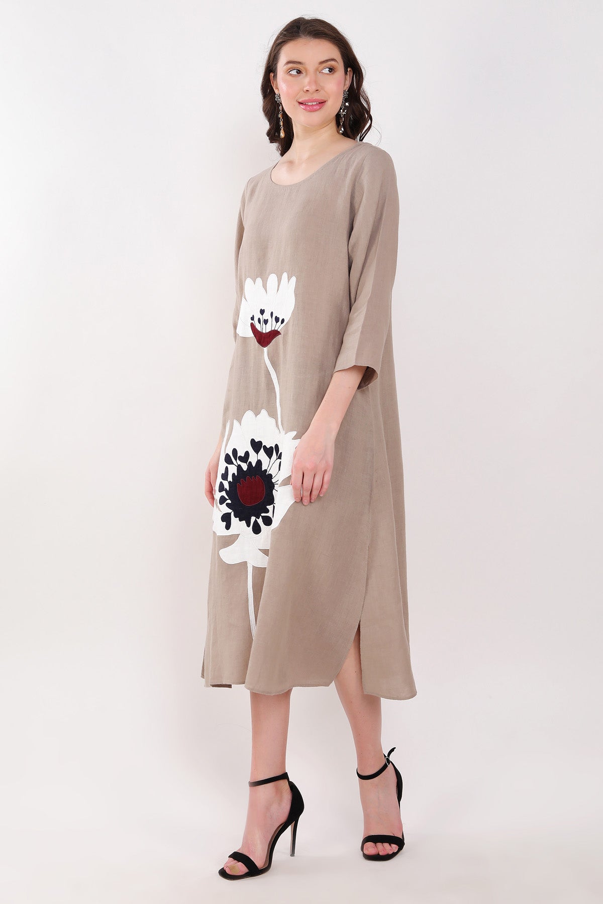 Khakhi Floral Embroidered Dress