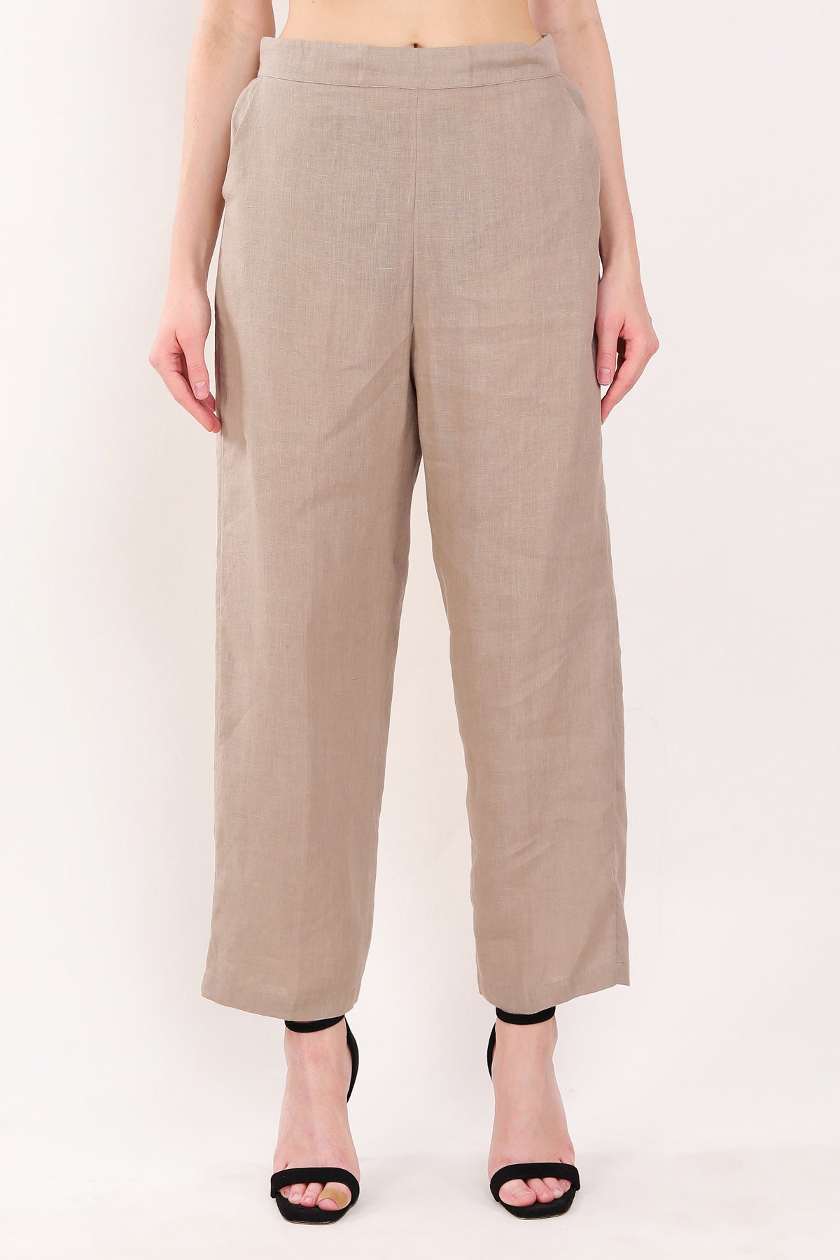 Linen Bloom Khakhi Linen Straight Pants for women online at ScrollnShops