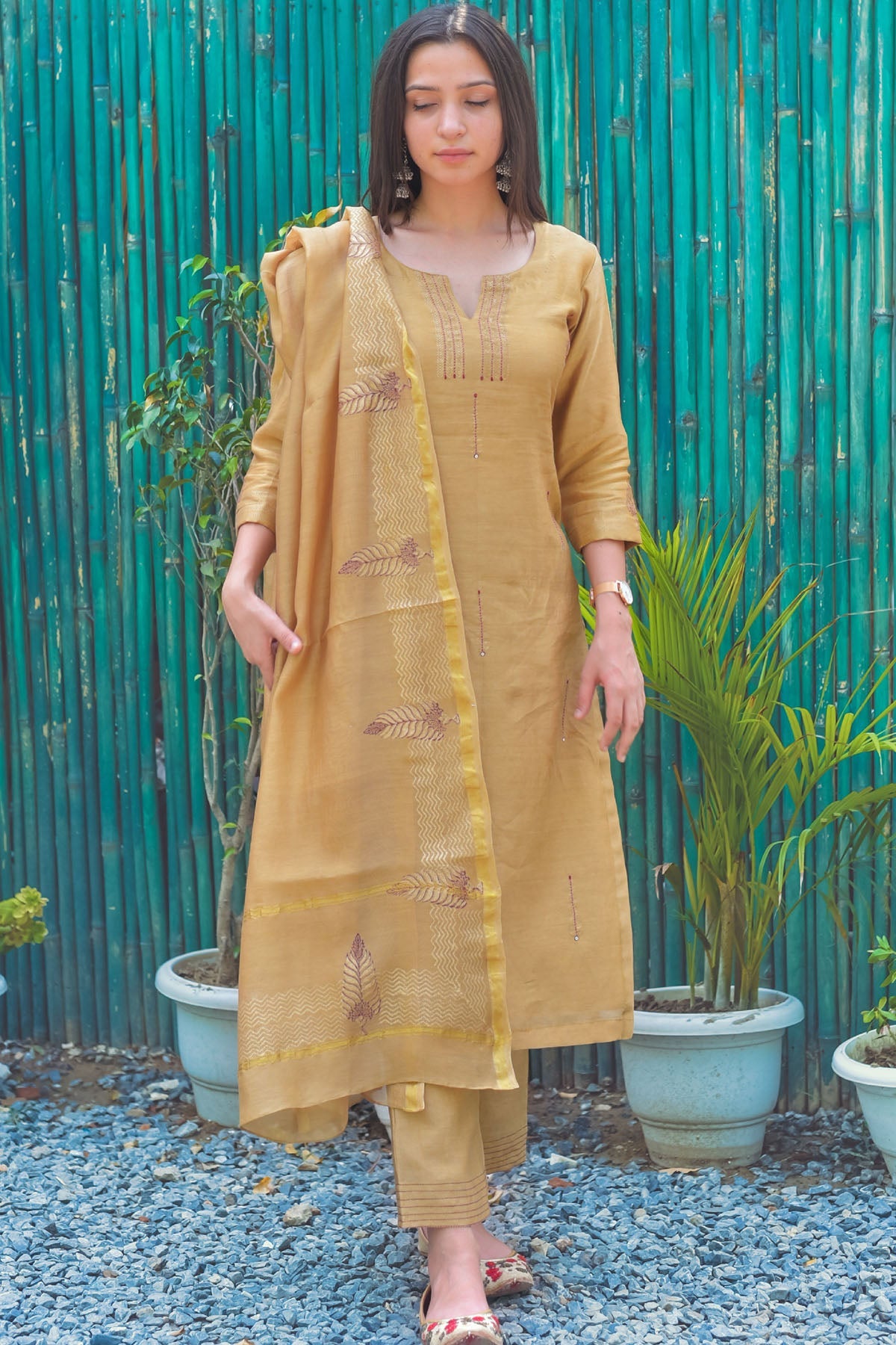 Buy Khaki Chanderi Printed Kurta Set by The Hemming Bird for women online at ScrollnShops
