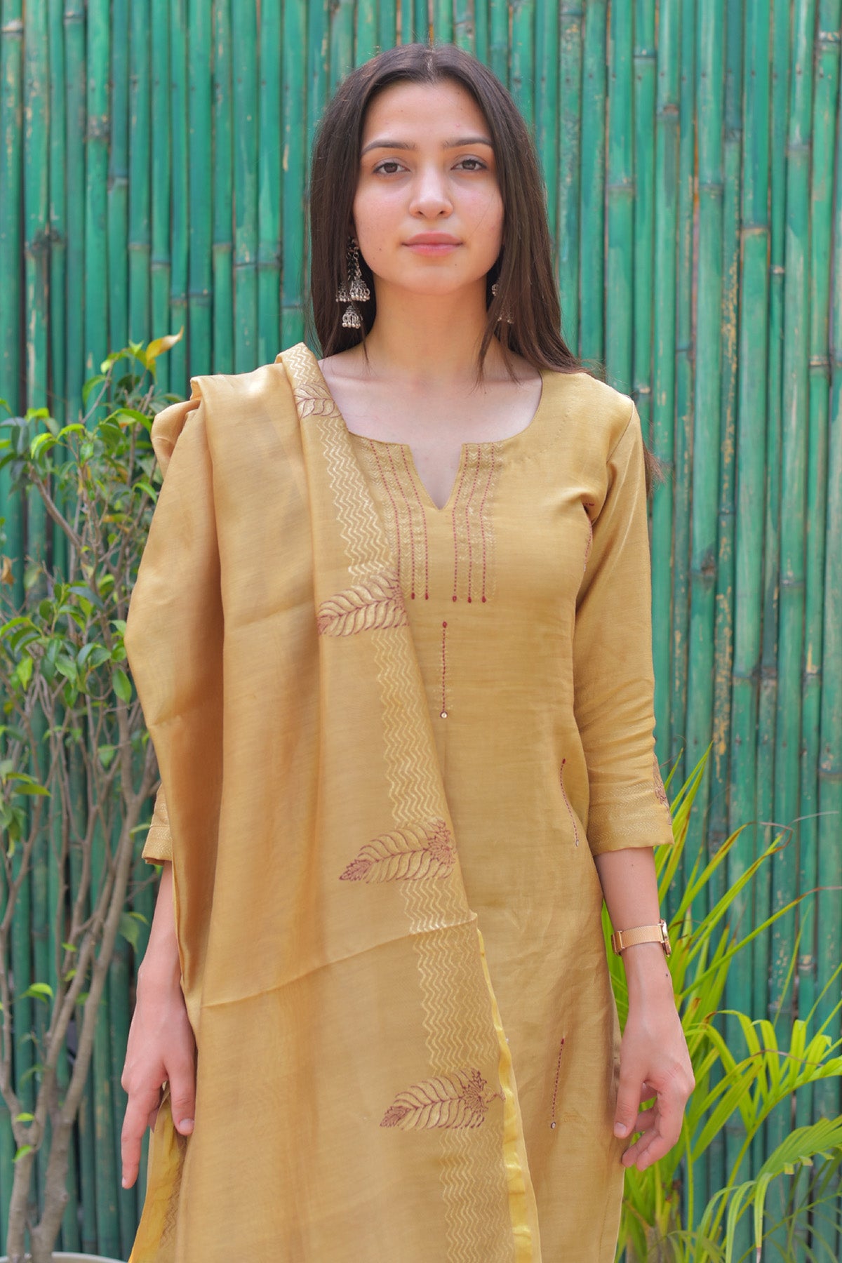 Khaki Chanderi Printed Kurta Set