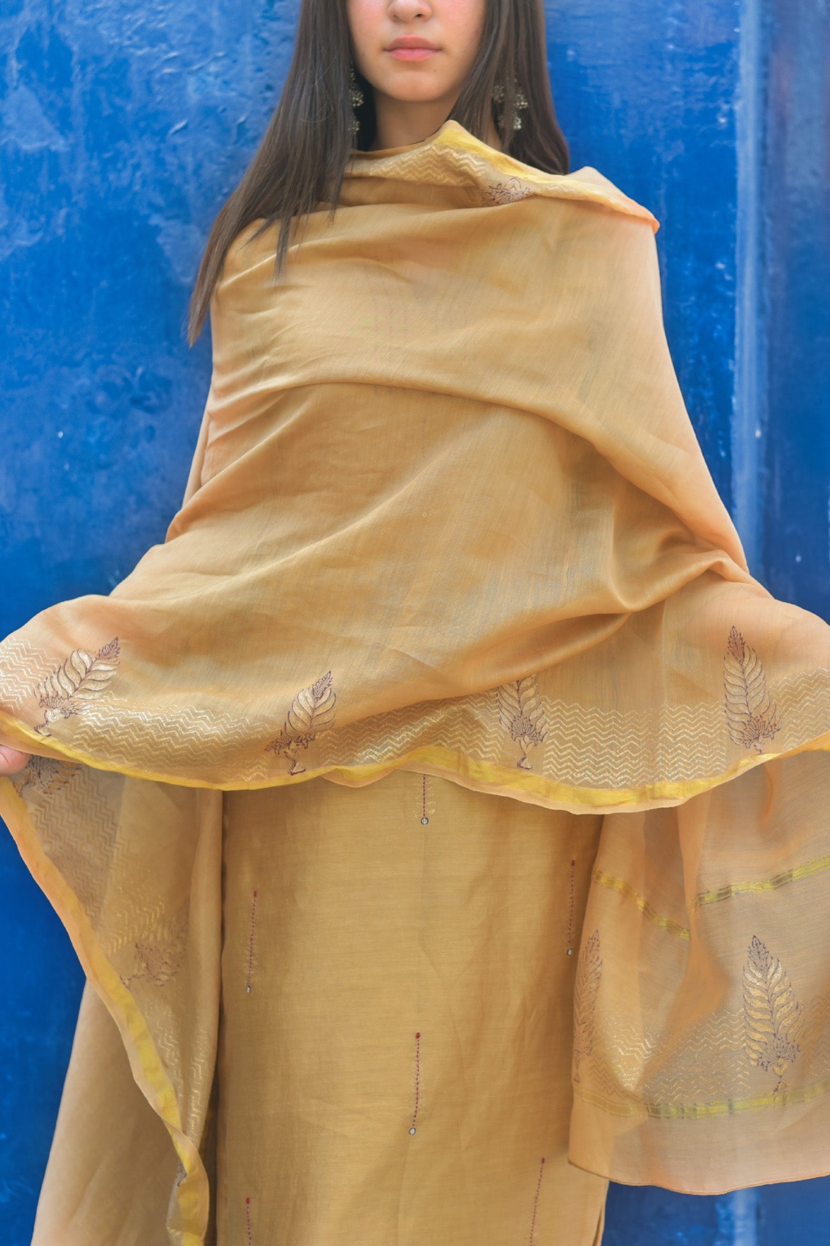 Khaki Chanderi Printed Kurta Set