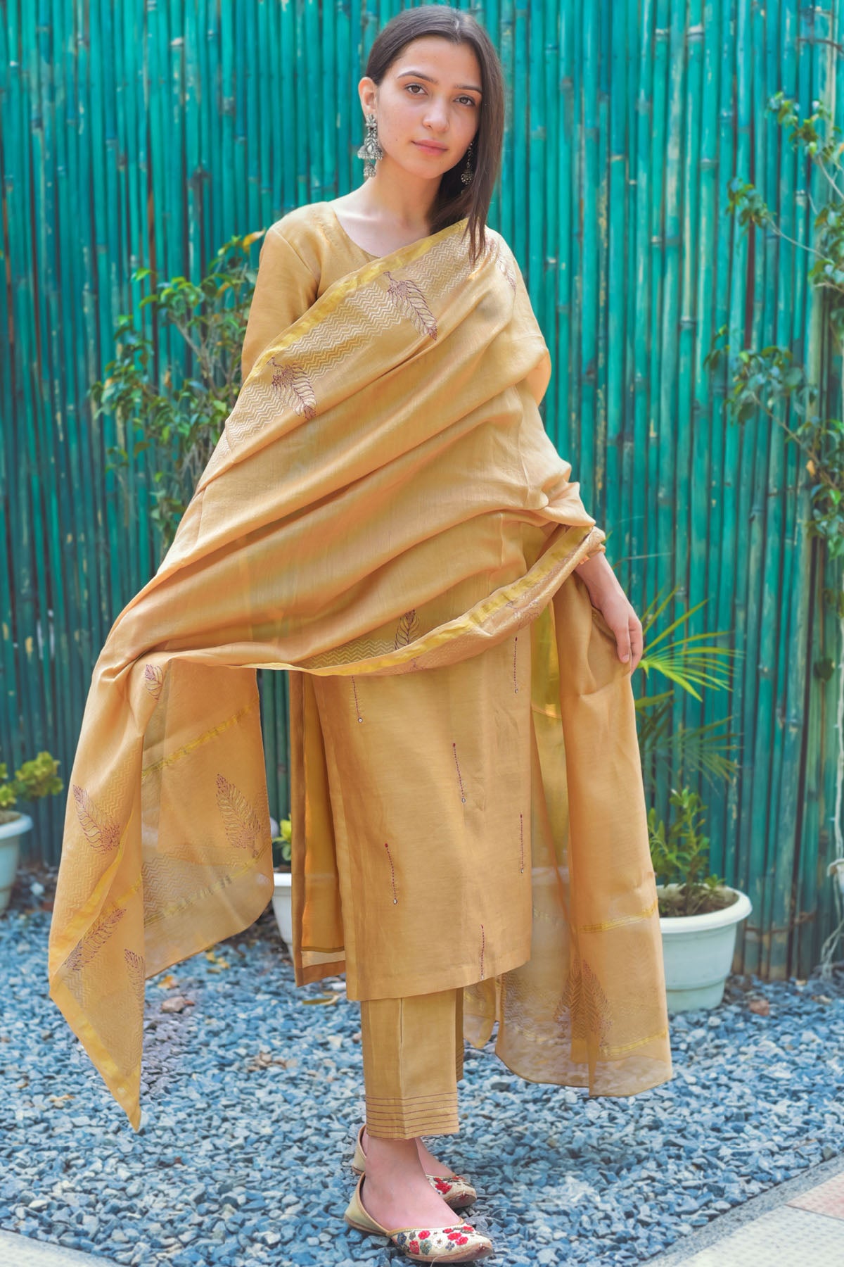 Khaki Chanderi Printed Kurta Set