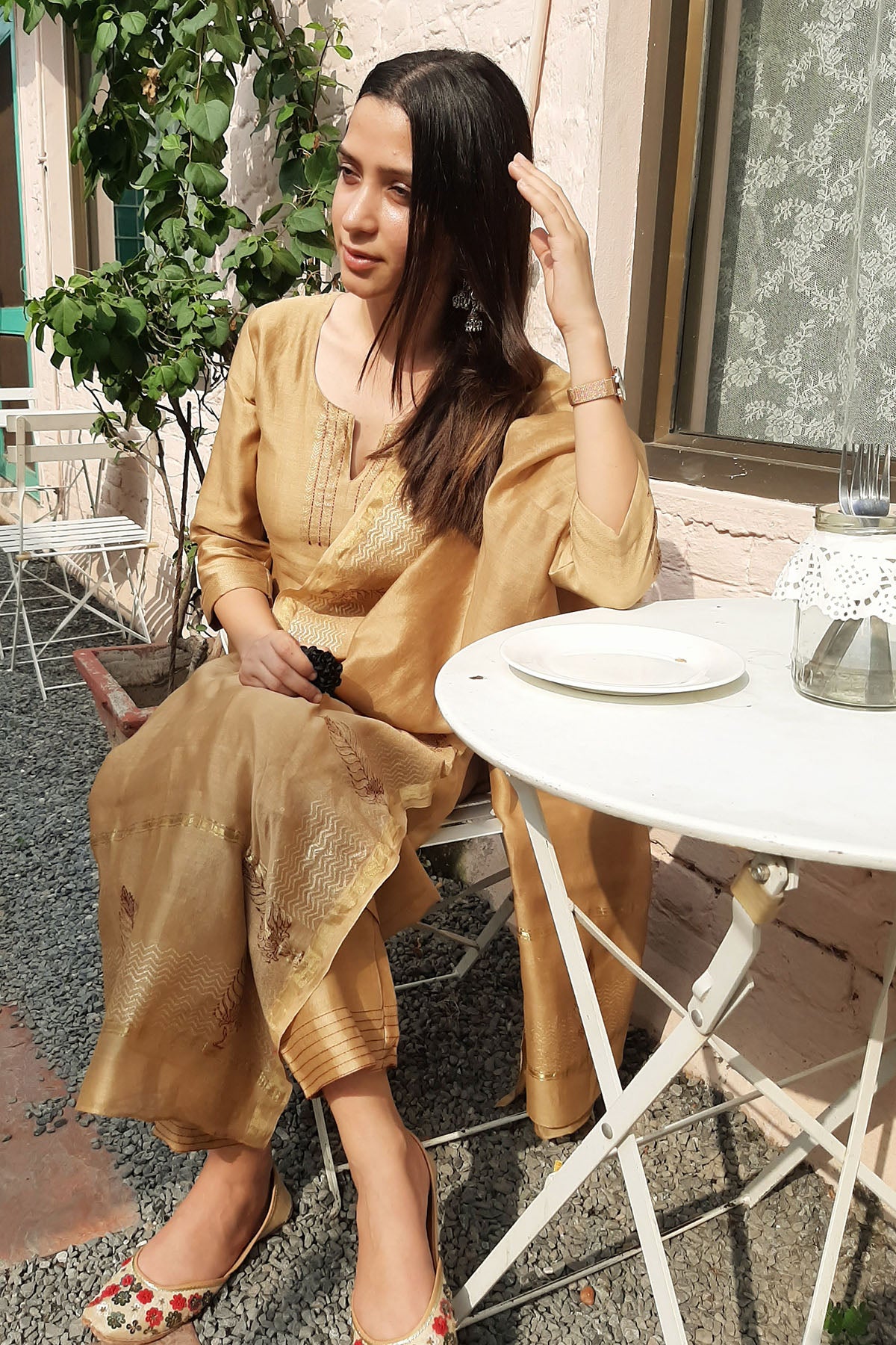 Khaki Chanderi Printed Kurta Set