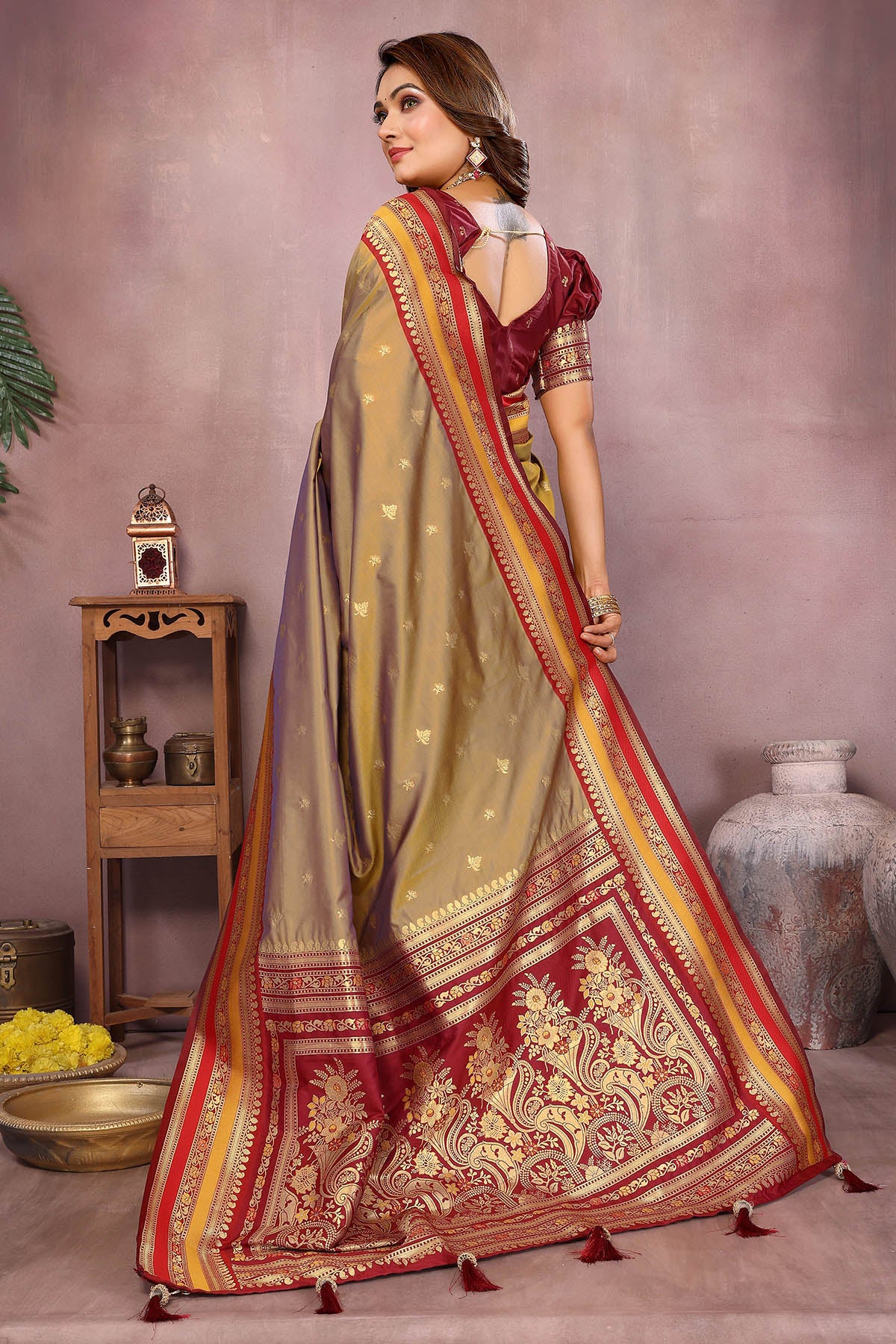 Khaki Kalamkari Weaving Saree