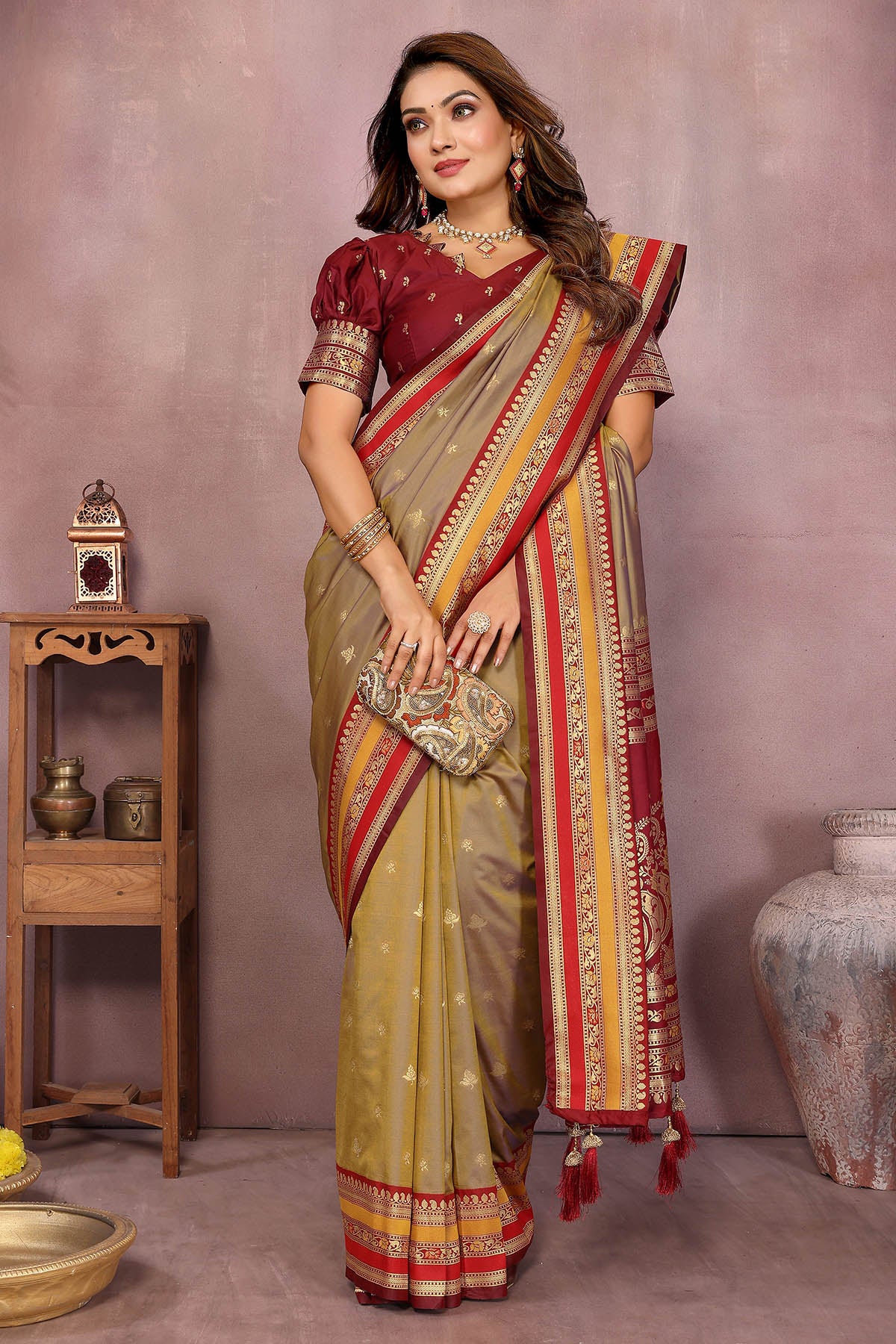 Khaki Kalamkari Weaving Saree