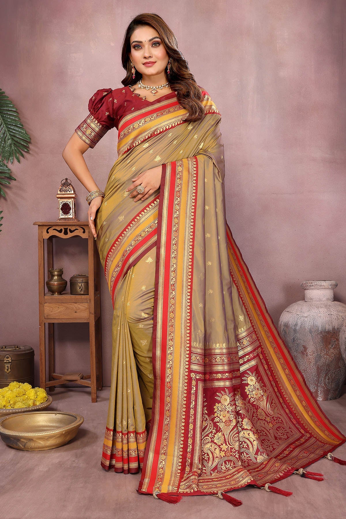 Buy Khaki Kalamkari Weaving Saree for women by Aastha Fashion online available at scrollnshops
